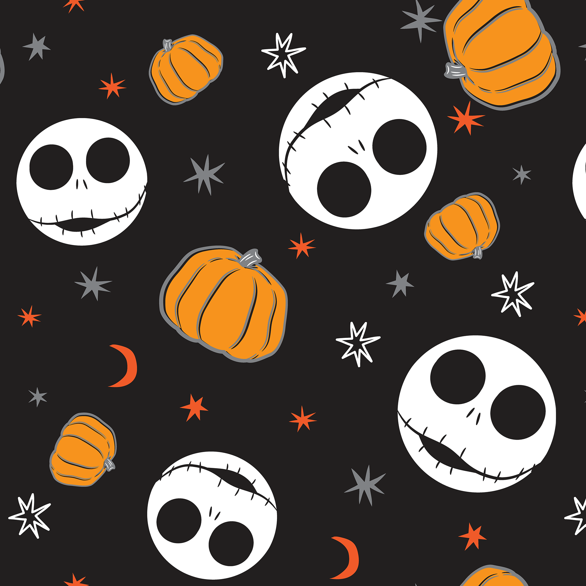 Halloween pattern with Nightmare Before Christmas characters, orange pumpkins, stars and crescent moons on black background tiled preview square