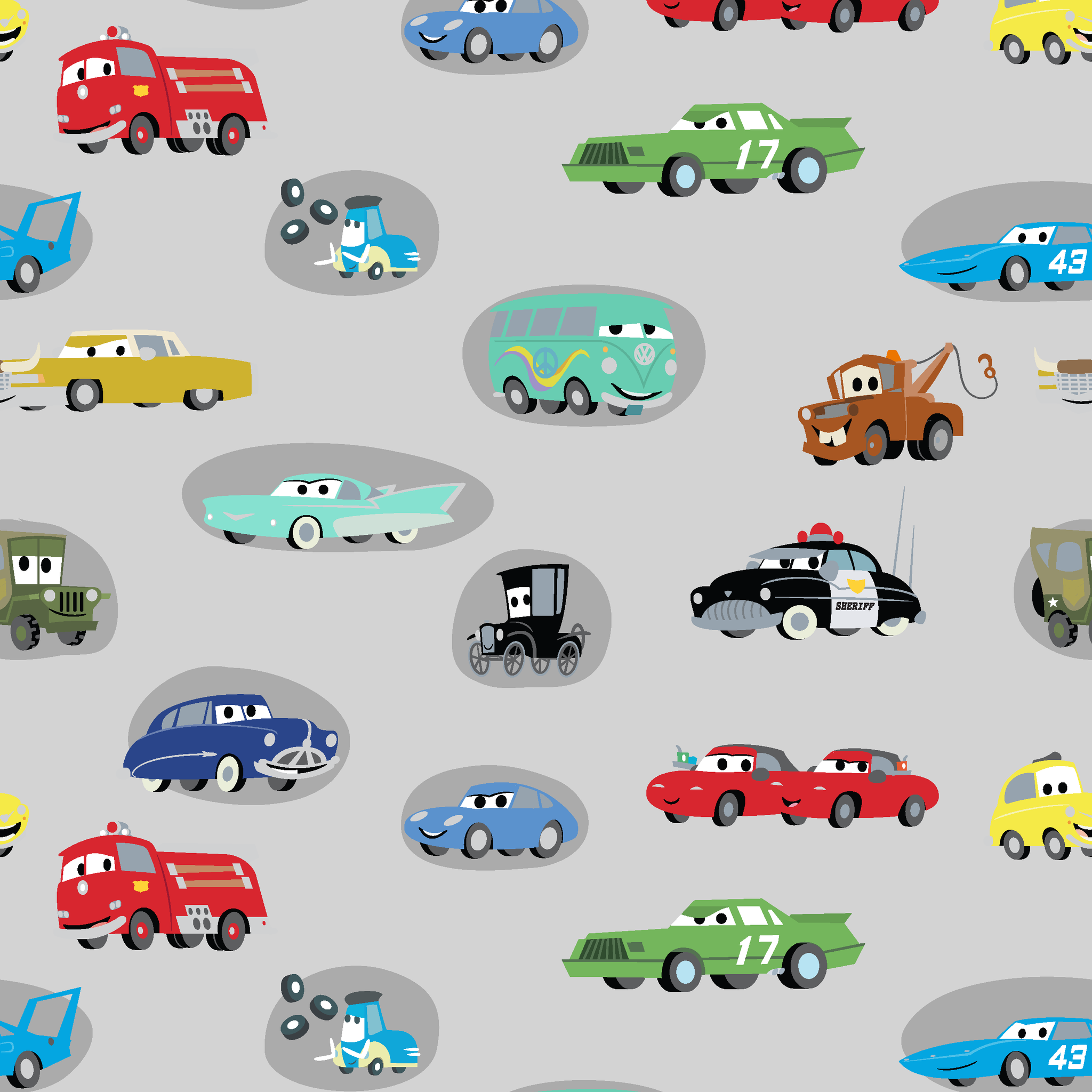 Various cartoon toy cars and vehicles in different colors (red, blue, green, yellow) displayed against a gray background with cute animated faces. tiled preview square