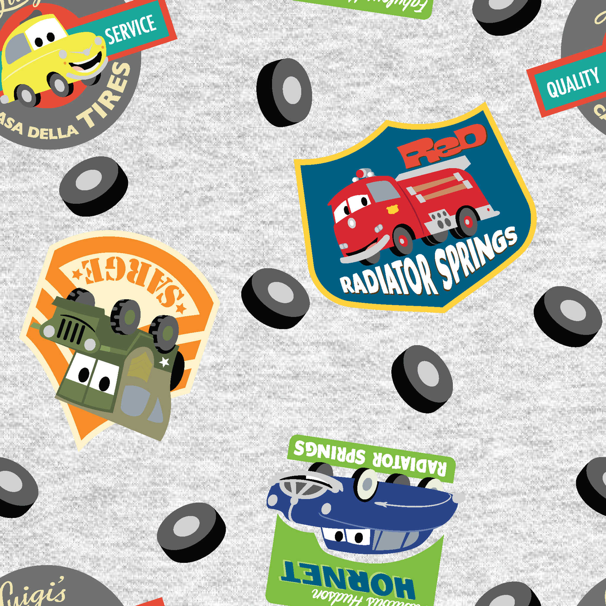 Cartoon vehicle characters on gray fabric with badges for Radiator Springs, Luigi's, and Sarge's tiled preview square