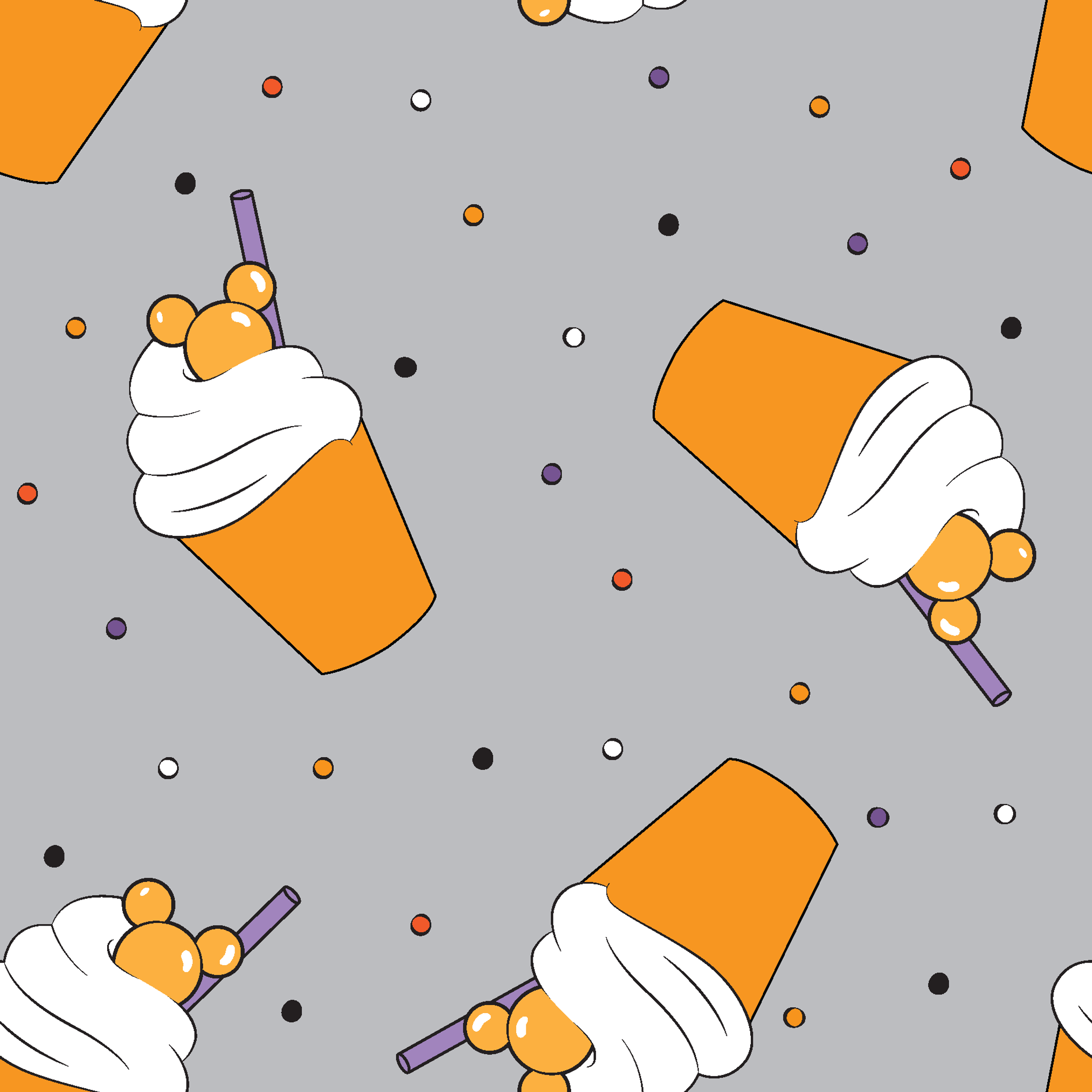 Orange Disney-inspired drinks with whipped cream and purple straws on gray background with colorful dots tiled preview square