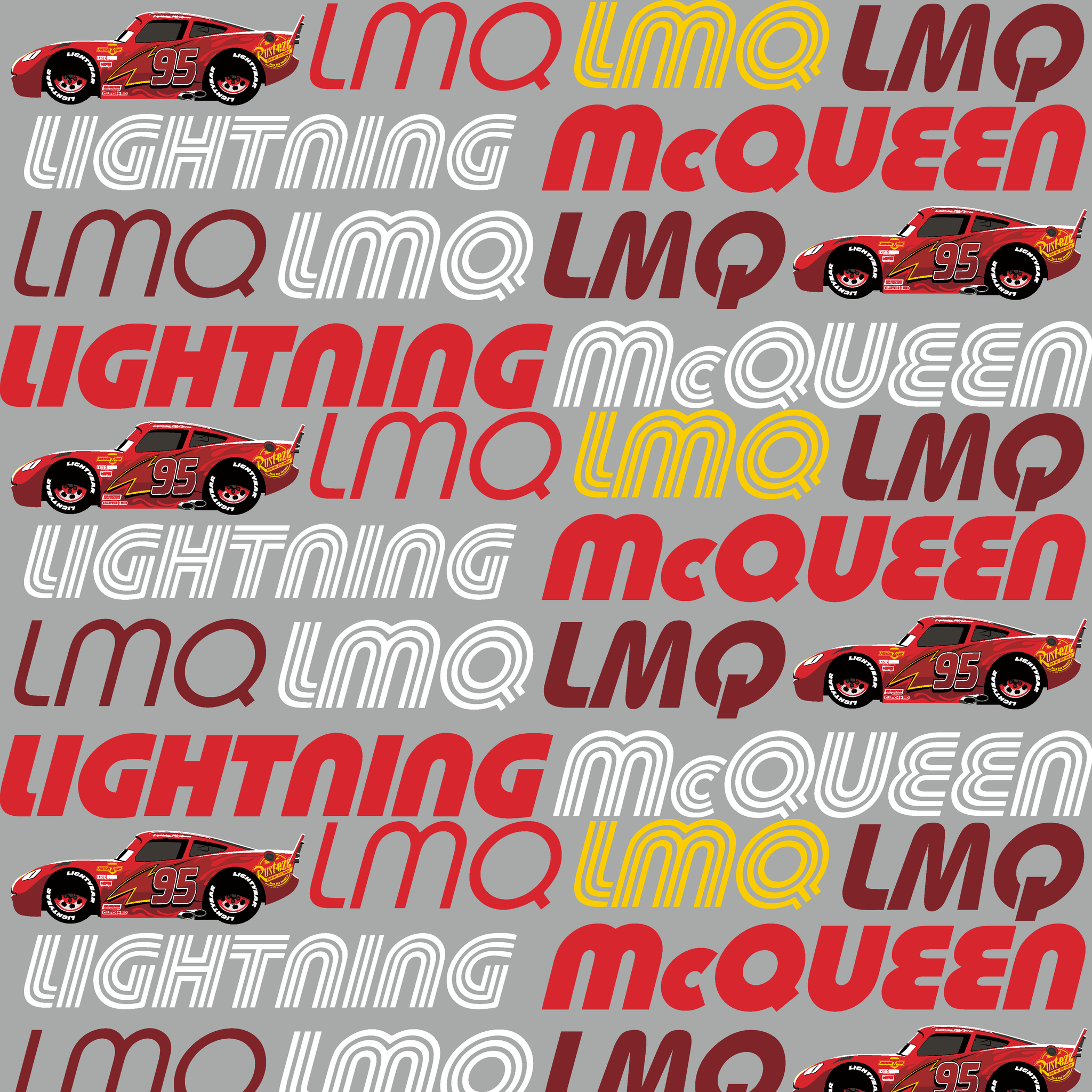 Lightning McQueen race car graphic with repeating LMQ text in red, yellow, and white on gray background tiled preview square