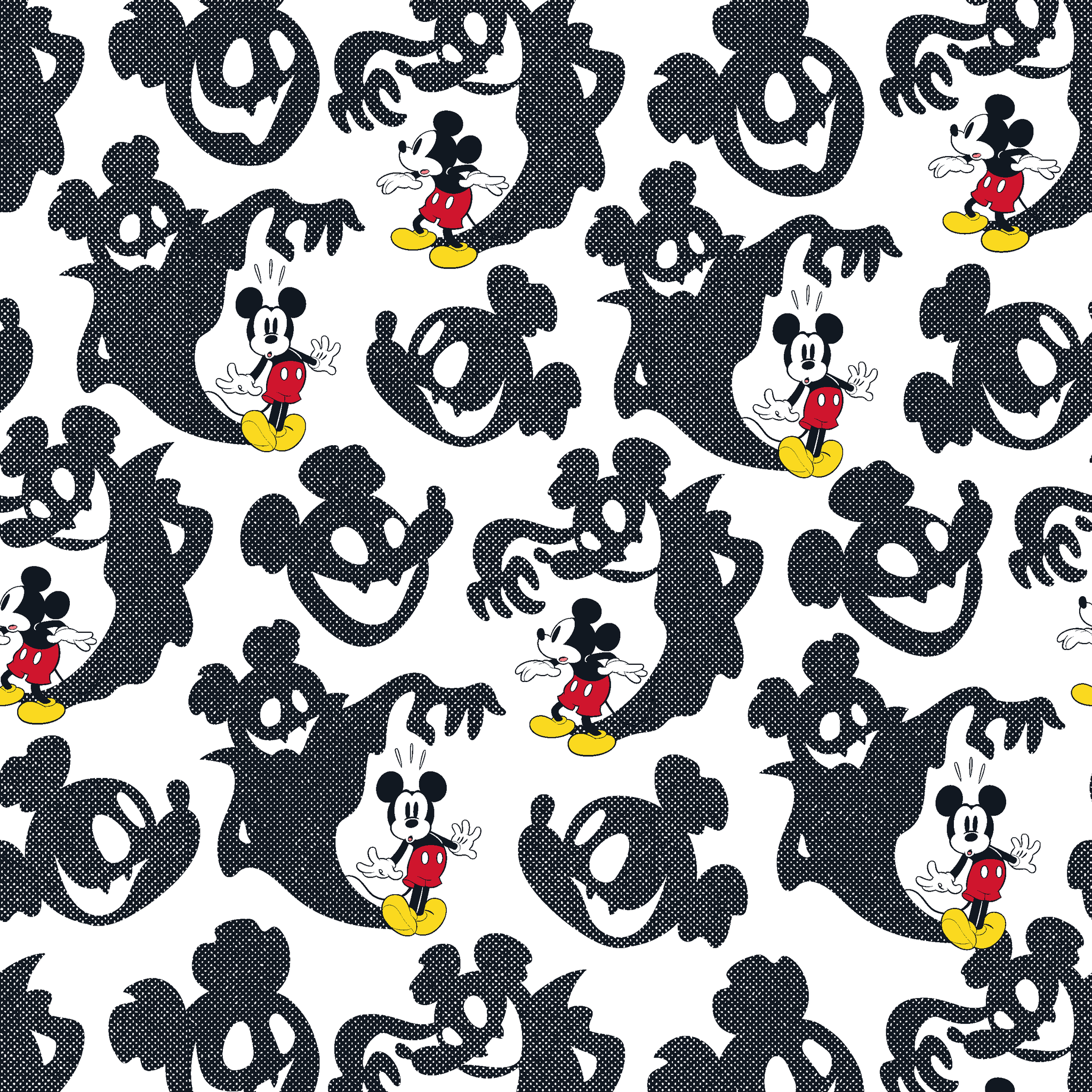 Mickey Mouse pattern with black ghost silhouettes on white background tiled preview square