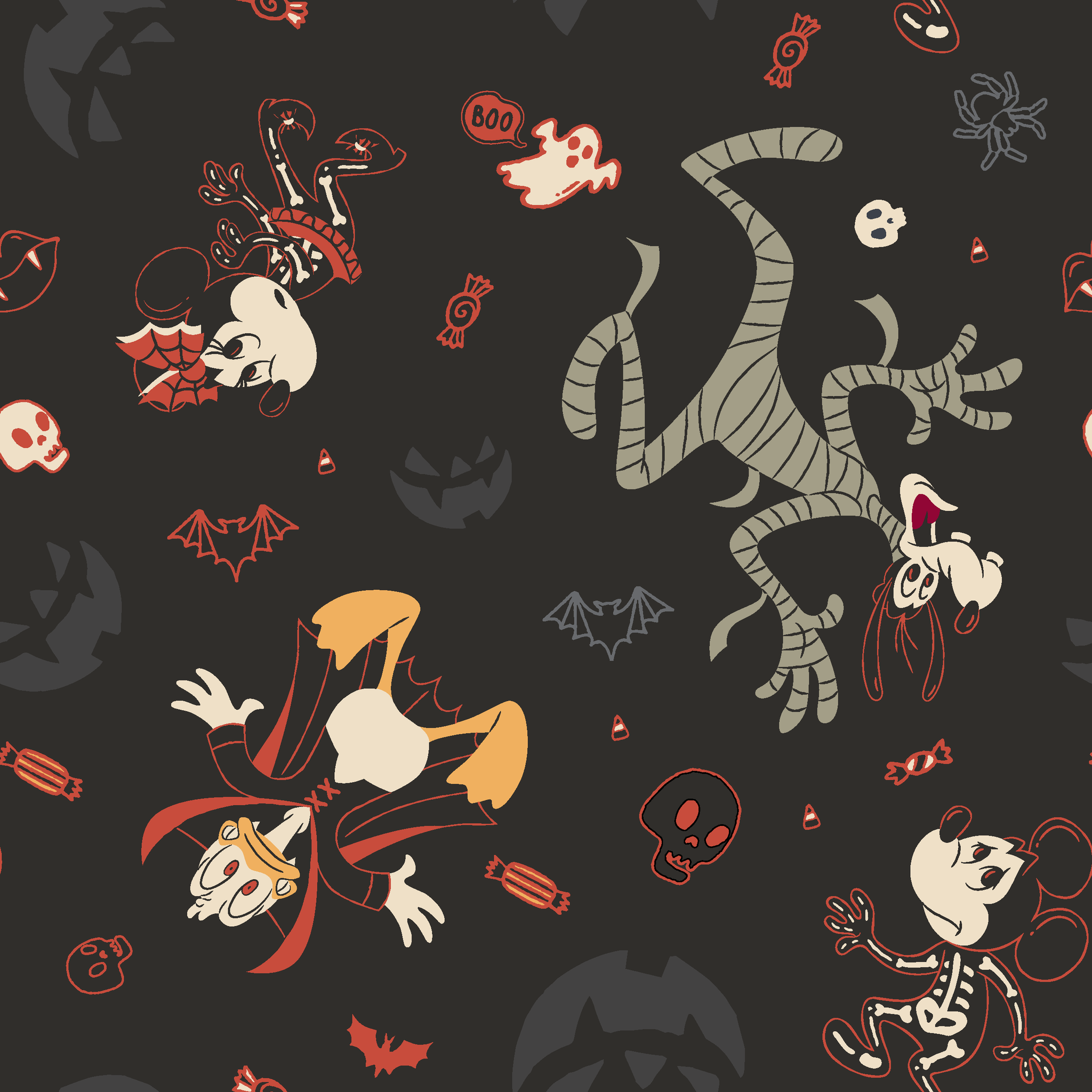 Disney Halloween pattern with Mickey & friends and candy on dark background tiled preview square