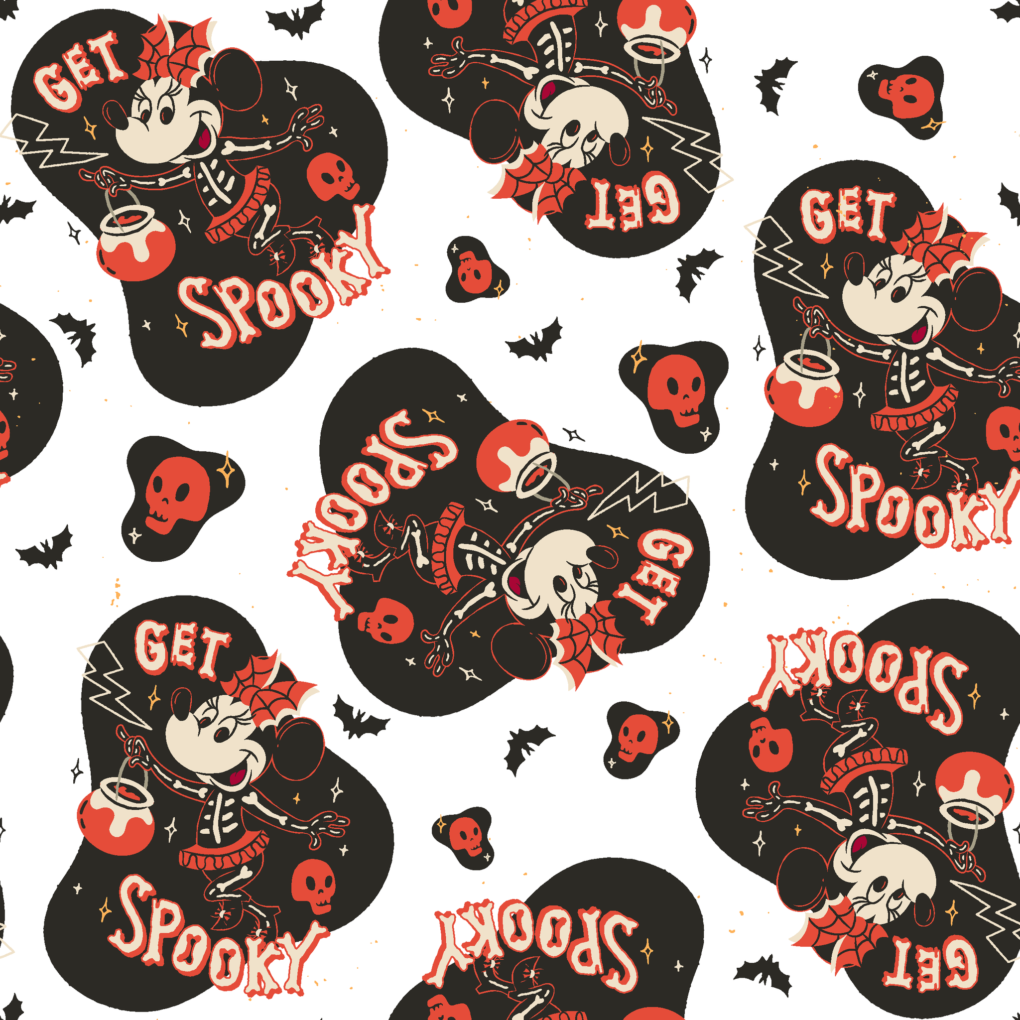 Halloween pattern with Minnie Mouse shapes, "Get Spooky" text, skulls, bats, and hearts on white background tiled preview square
