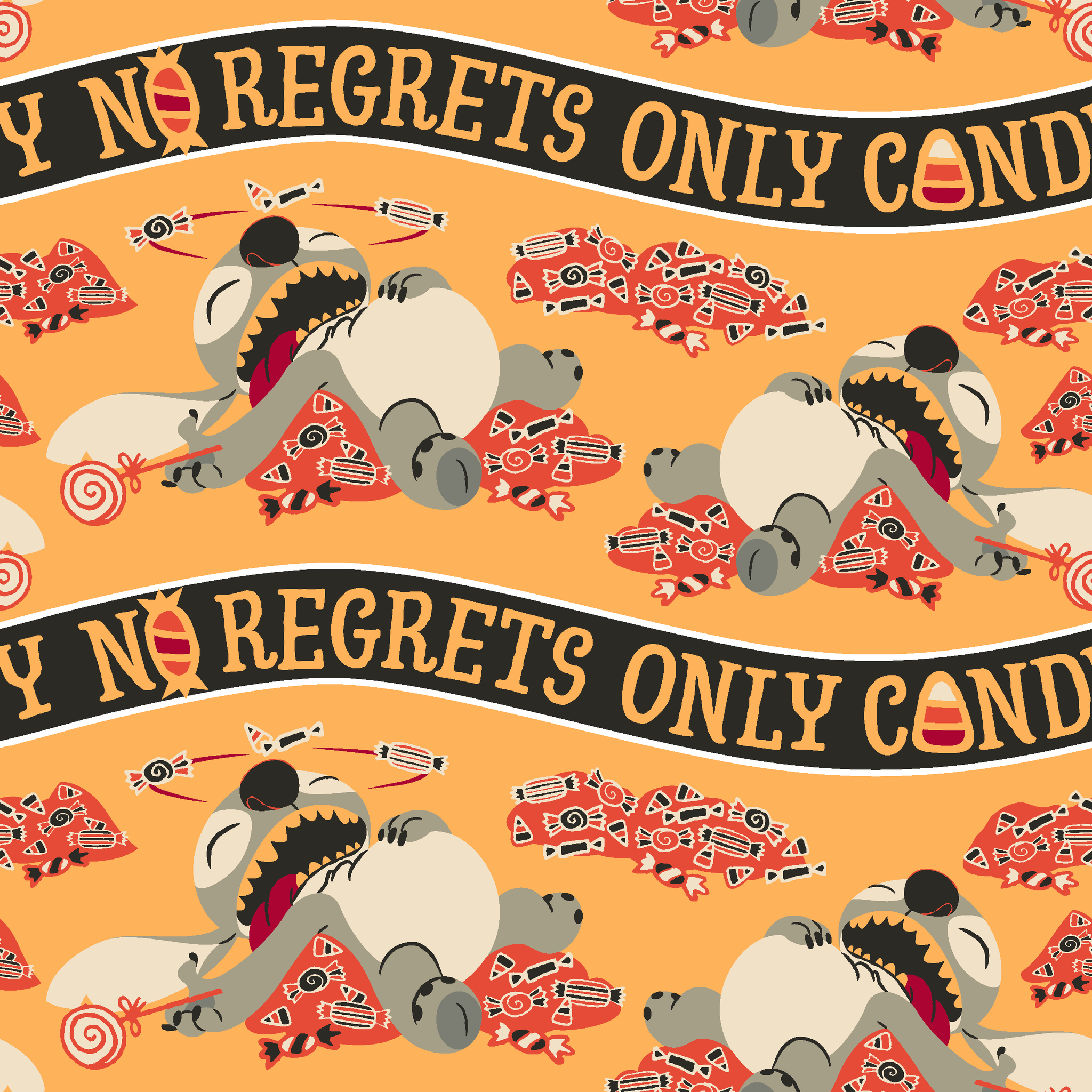 Repeating pattern with "NO REGRETS ONLY CANDY" text, featuring Disney's Stitch and candy corn on orange background. tiled preview square