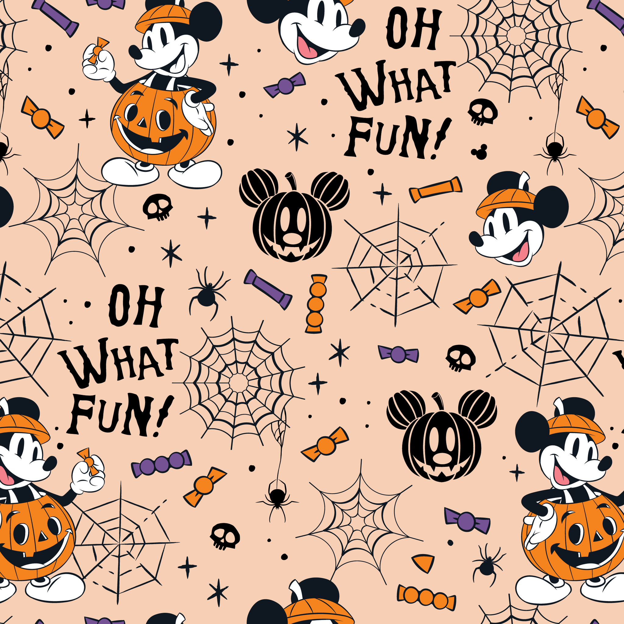 Halloween Mickey Mouse pattern with "OH WHAT FUN!" text, pumpkins, spiderwebs, and candy on beige background tiled preview square
