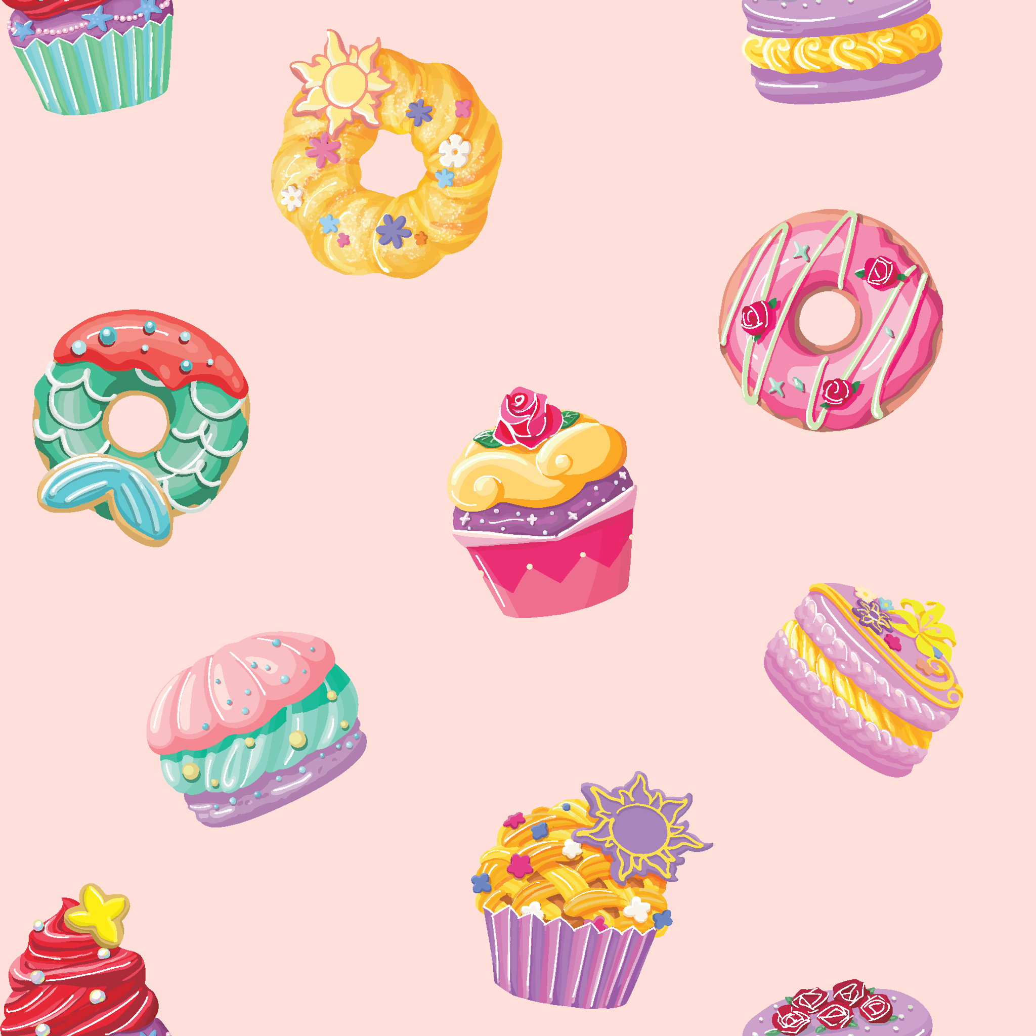 DIsney Princess-inspired dessert pattern with donuts, cupcakes, and macarons on a light pink background tiled preview square