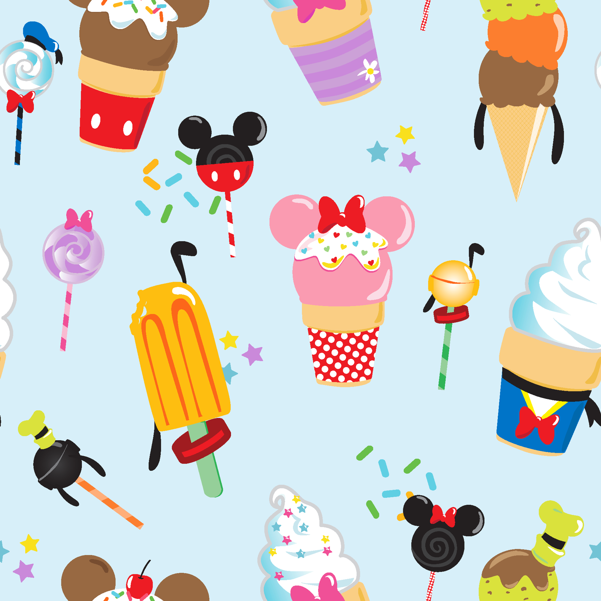 Disney-themed ice cream and sweet treats pattern with Mickey and Minnie icons on light blue background tiled preview square