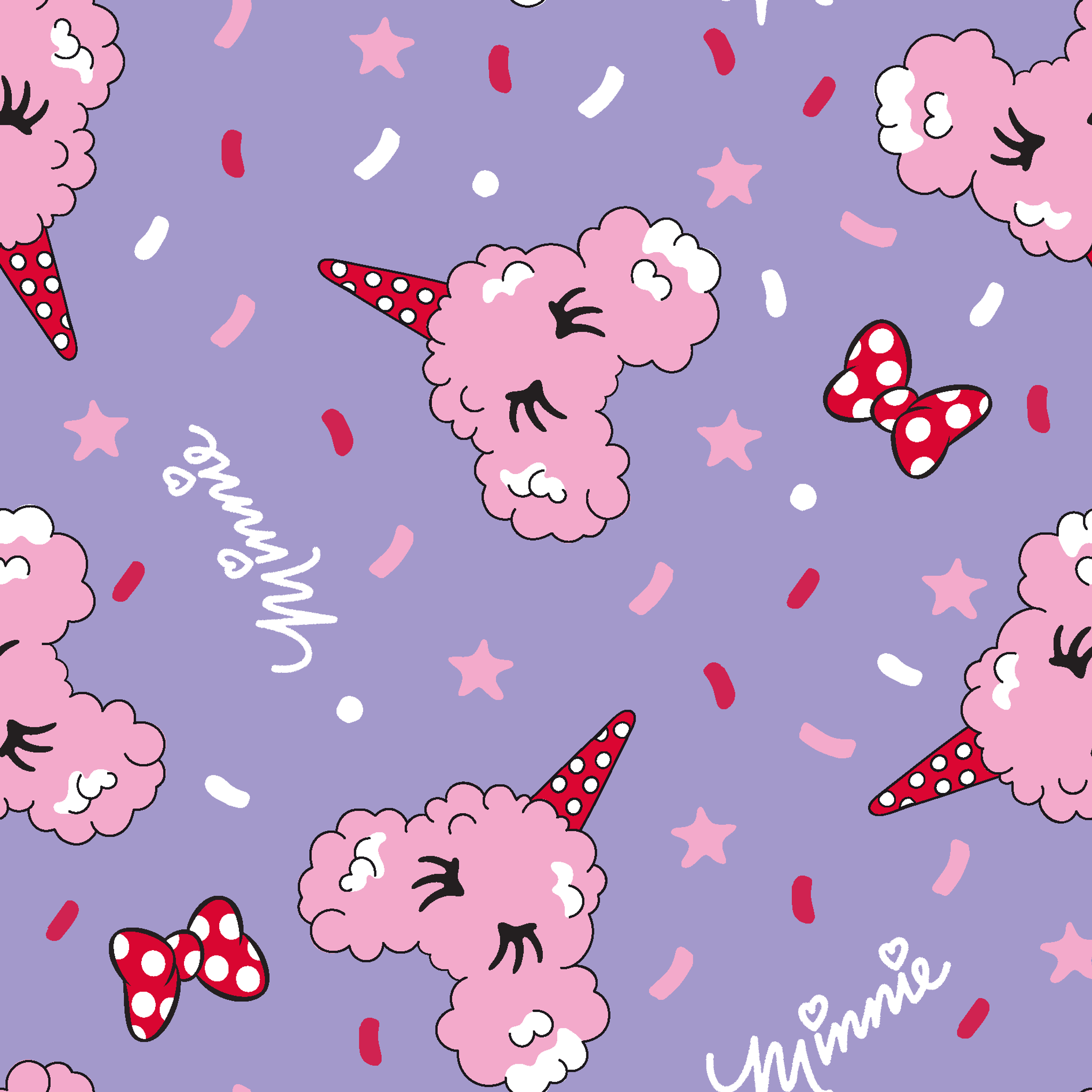 Pink Disney-inspired cotton candy and bows on purple background with confetti and stars tiled preview square