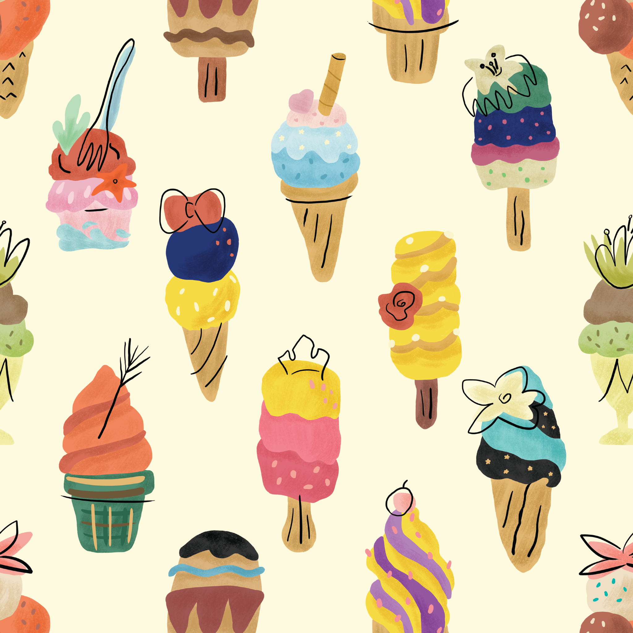 Colorful illustration of Disney Princess-inspired ice cream desserts including cones, popsicles, and sundaes with decorative toppings tiled preview square