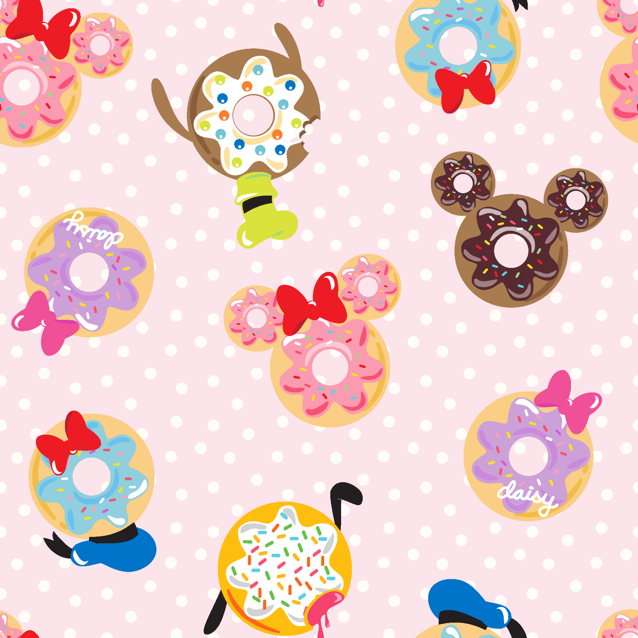 Mickey Mouse & friends donuts in various shapes on a pink polka dot background. tiled preview square