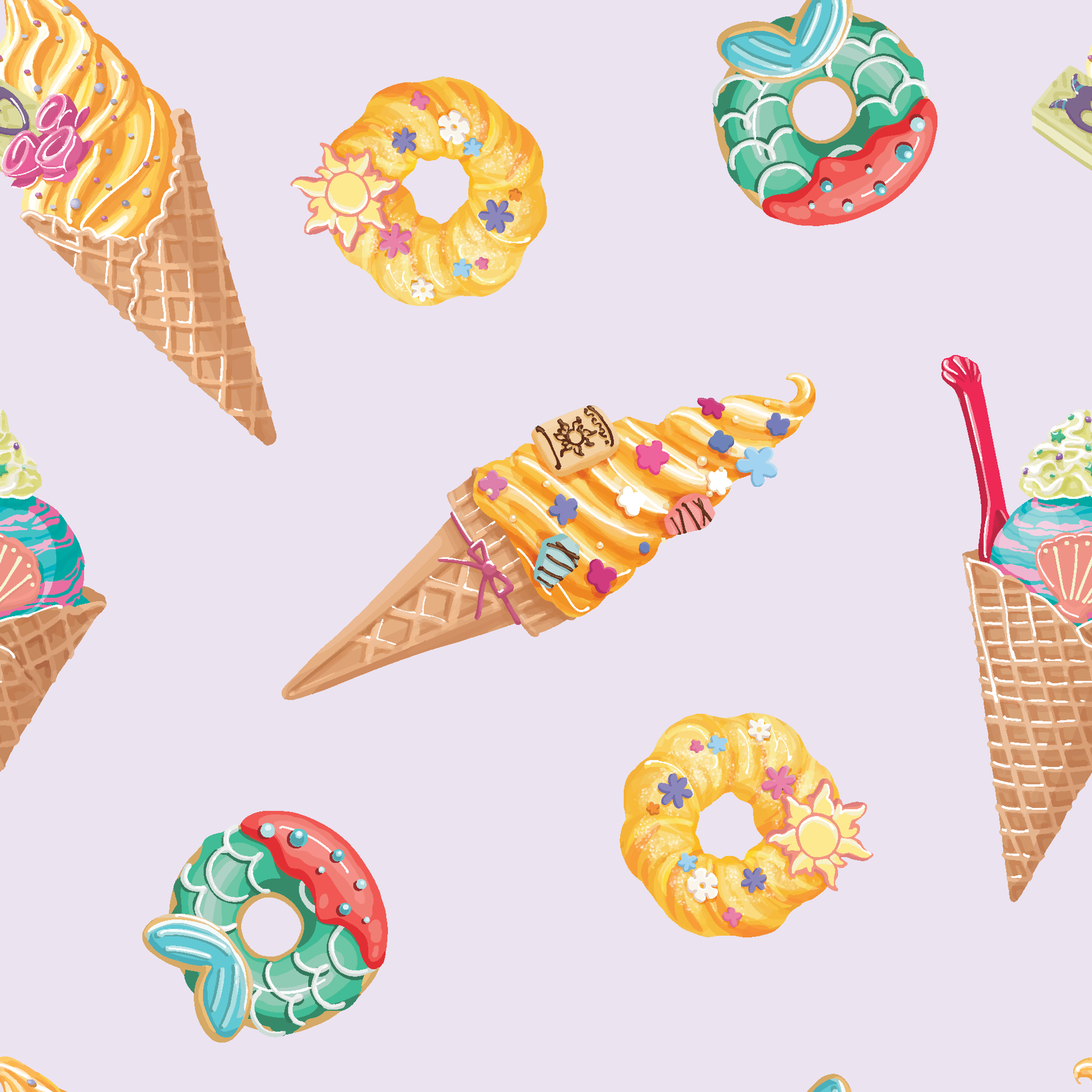 Colorful Disney Princess-inspired ice cream cones and donuts in pastel colors on light purple background tiled preview square