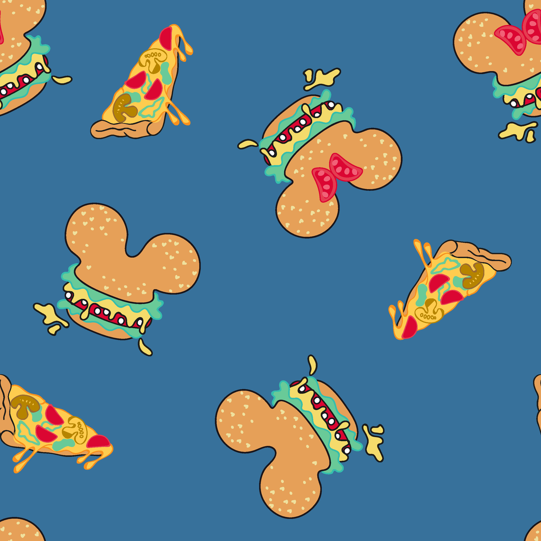 Pattern of Disney-inspired food items - hot dogs and pizza slices on blue background tiled preview square