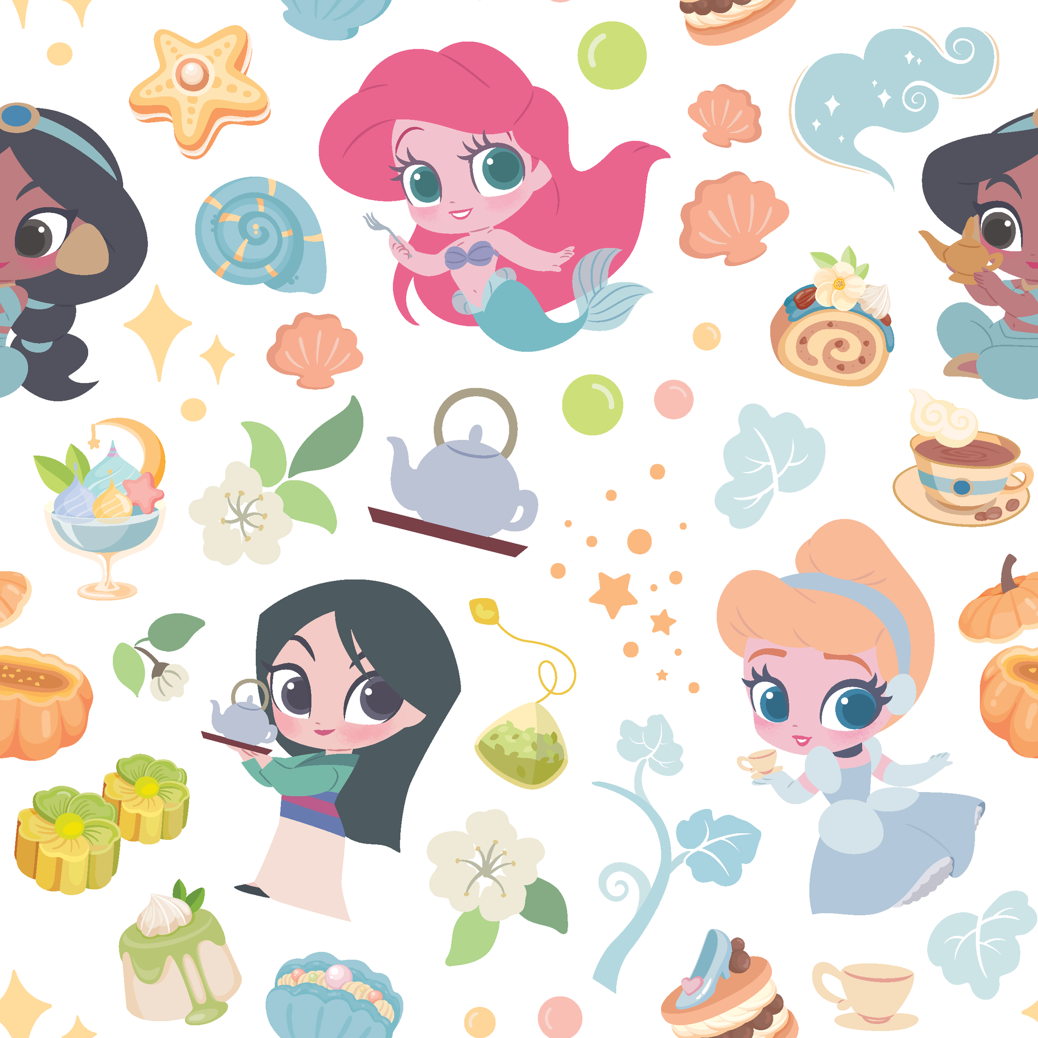 Disney Princess pattern with iconic characters, teapots, shells, sweets and gift boxes on white background tiled preview square