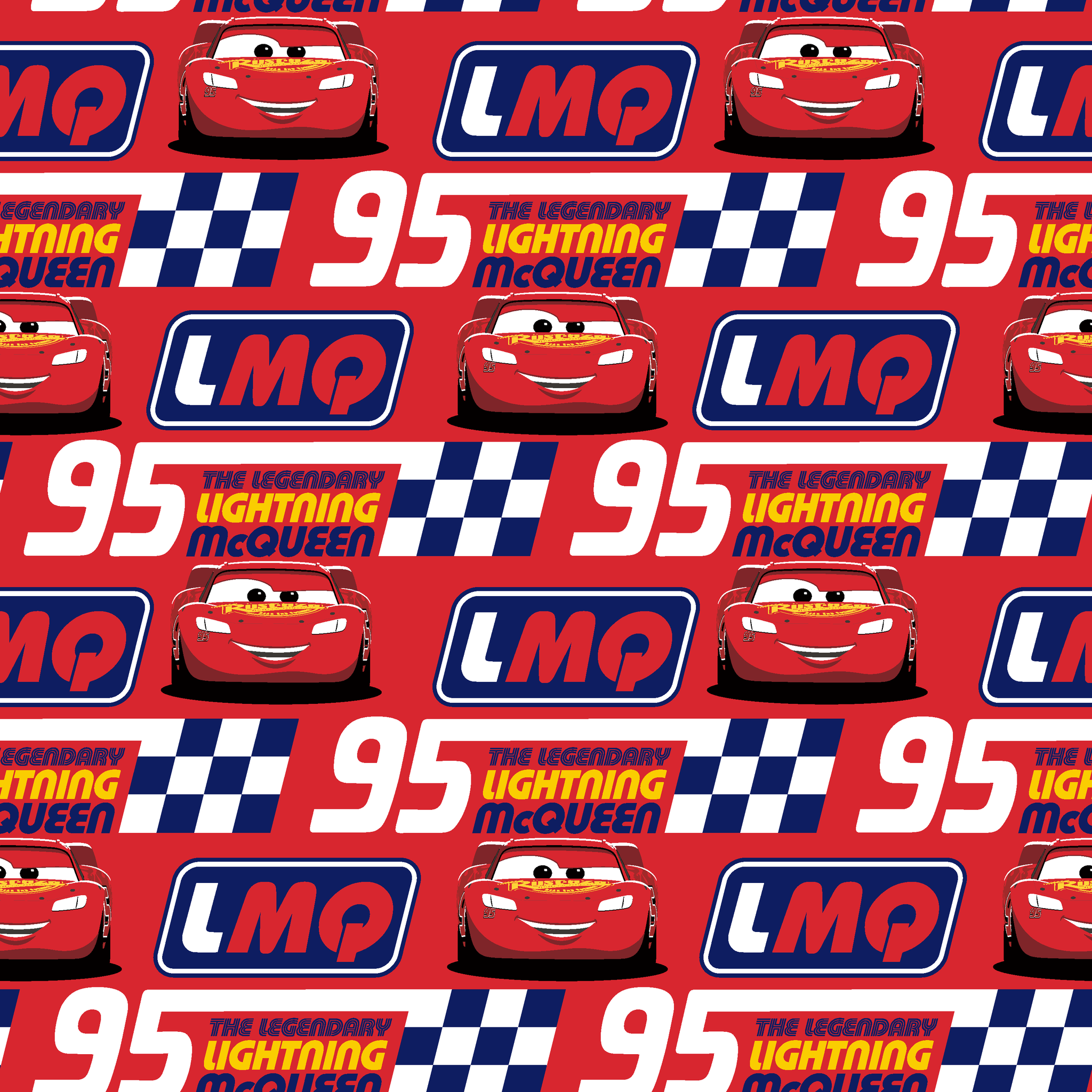 Colorful red racing pattern with "95" numbers, "Lightning" text, checkered flags, and blue "LMC" logos tiled preview square