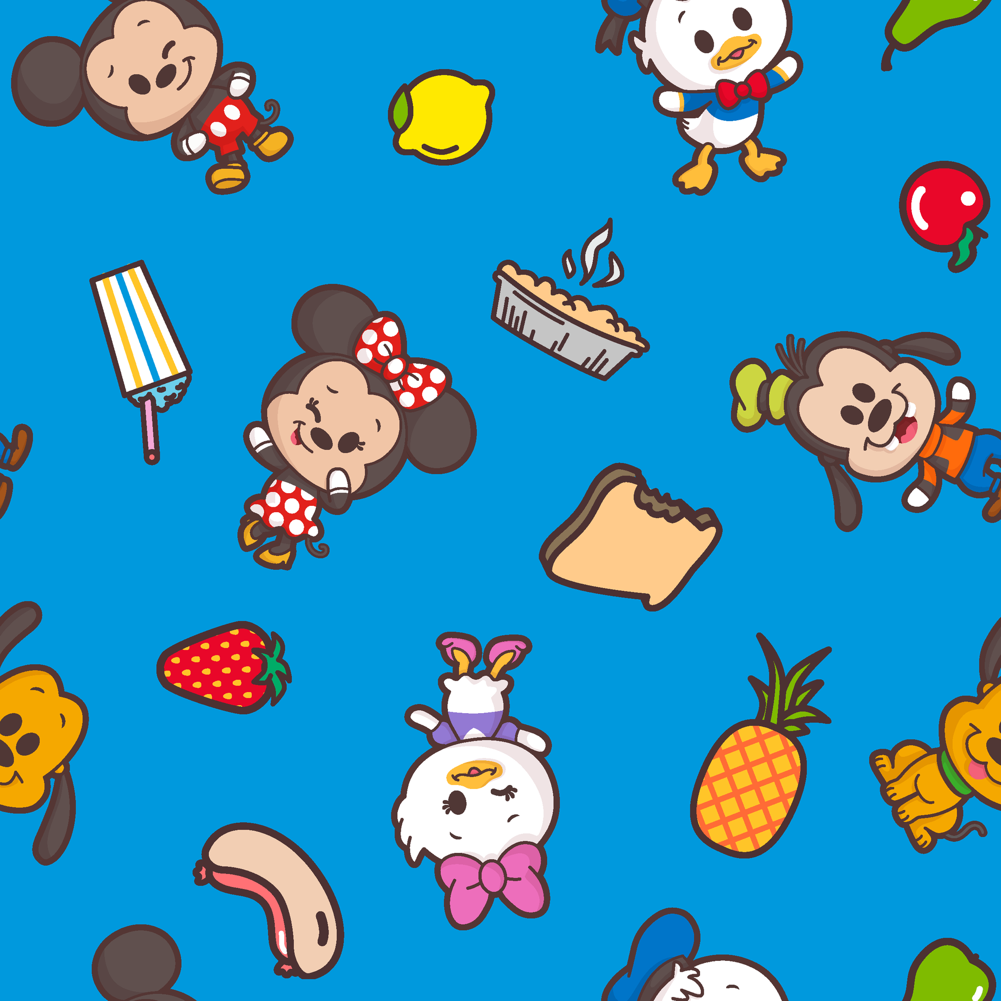 Mickey, friends, and food items pattern on blue background, featuring Mickey, Minnie, Donald, and fruit icons tiled preview square