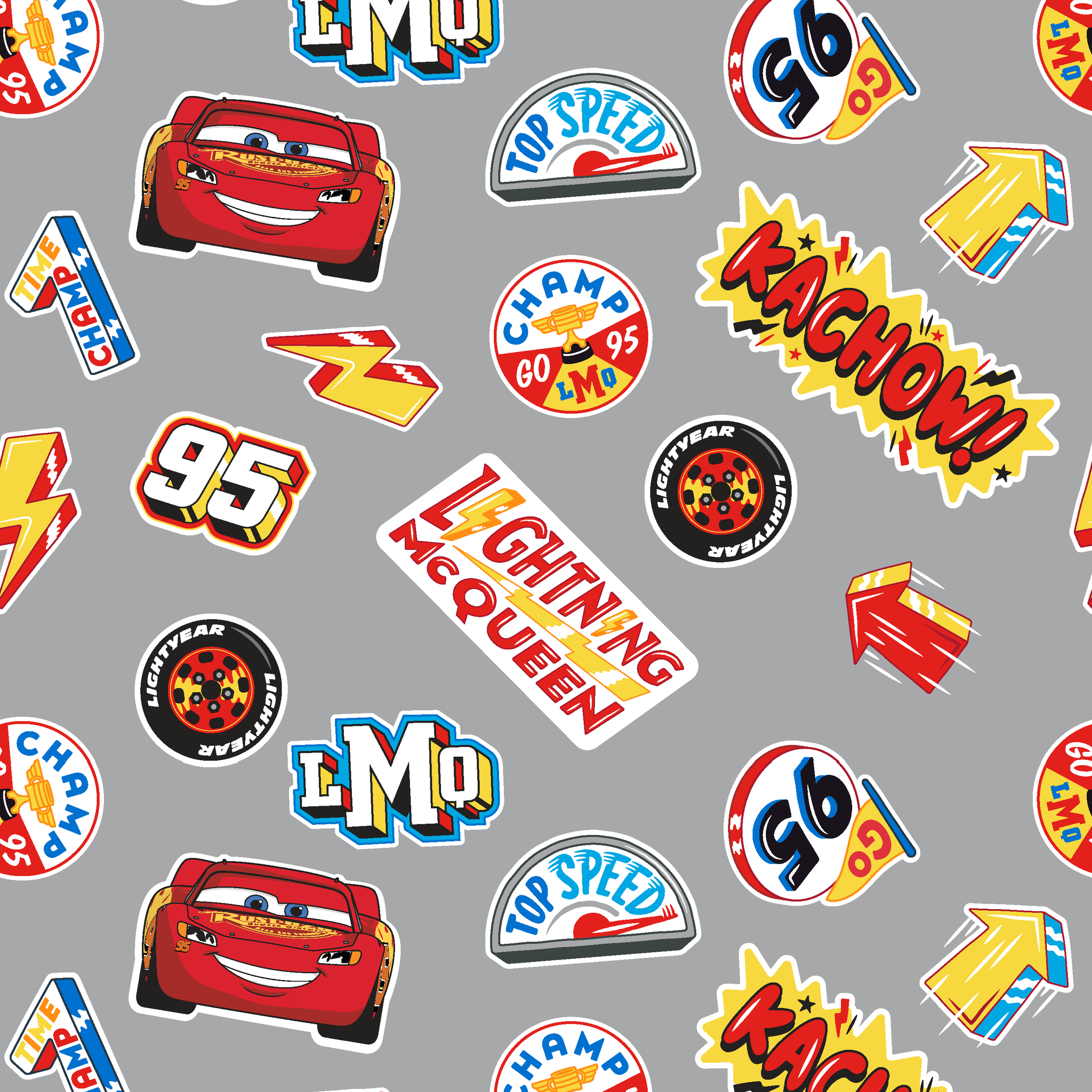 Colorful Disney Cars movie stickers featuring Lightning McQueen, racing logos, and numbers on gray background tiled preview square