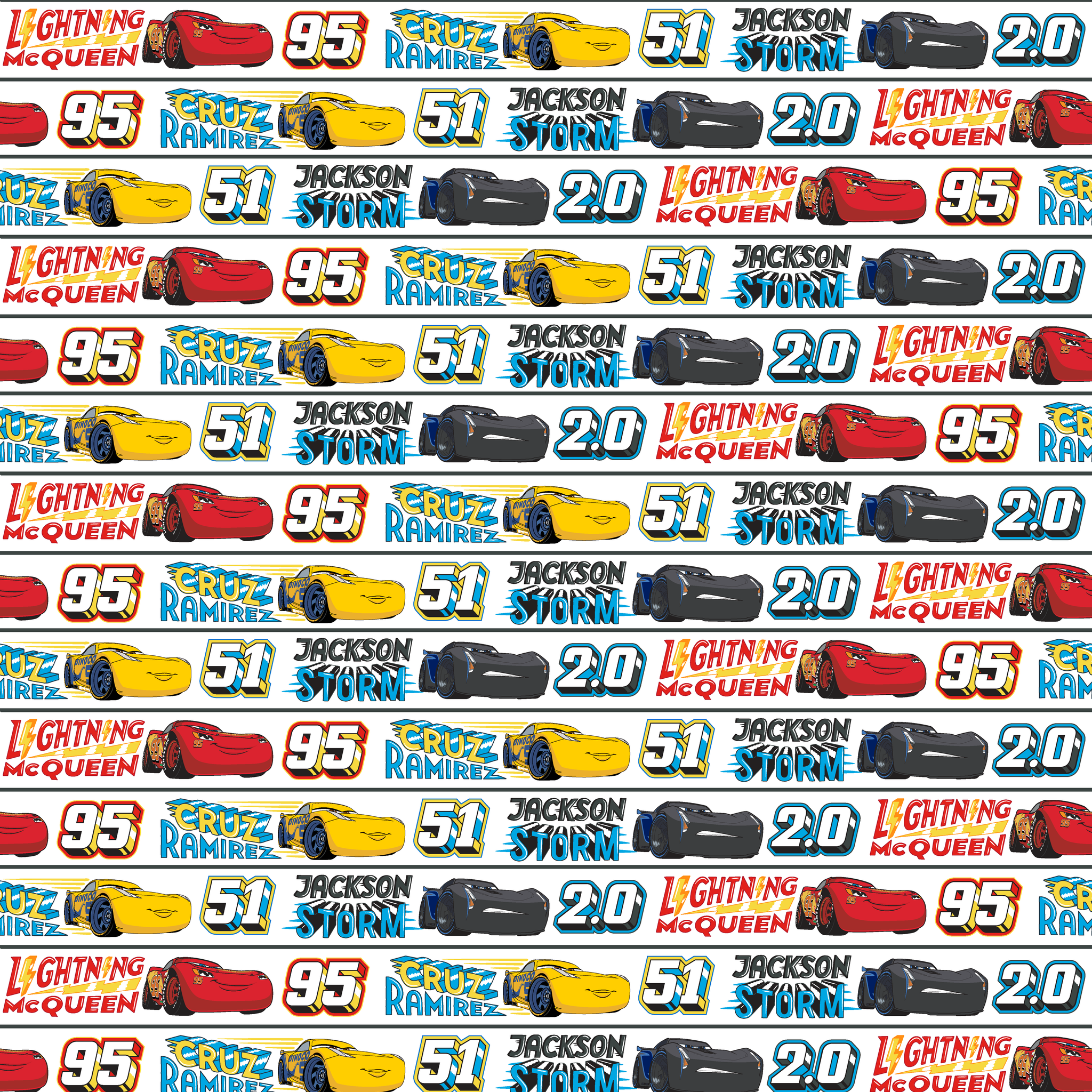 Disney Cars character ribbon with Lightning McQueen 95, Cruz Ramirez 51, and Jackson Storm 20 repeated pattern tiled preview square