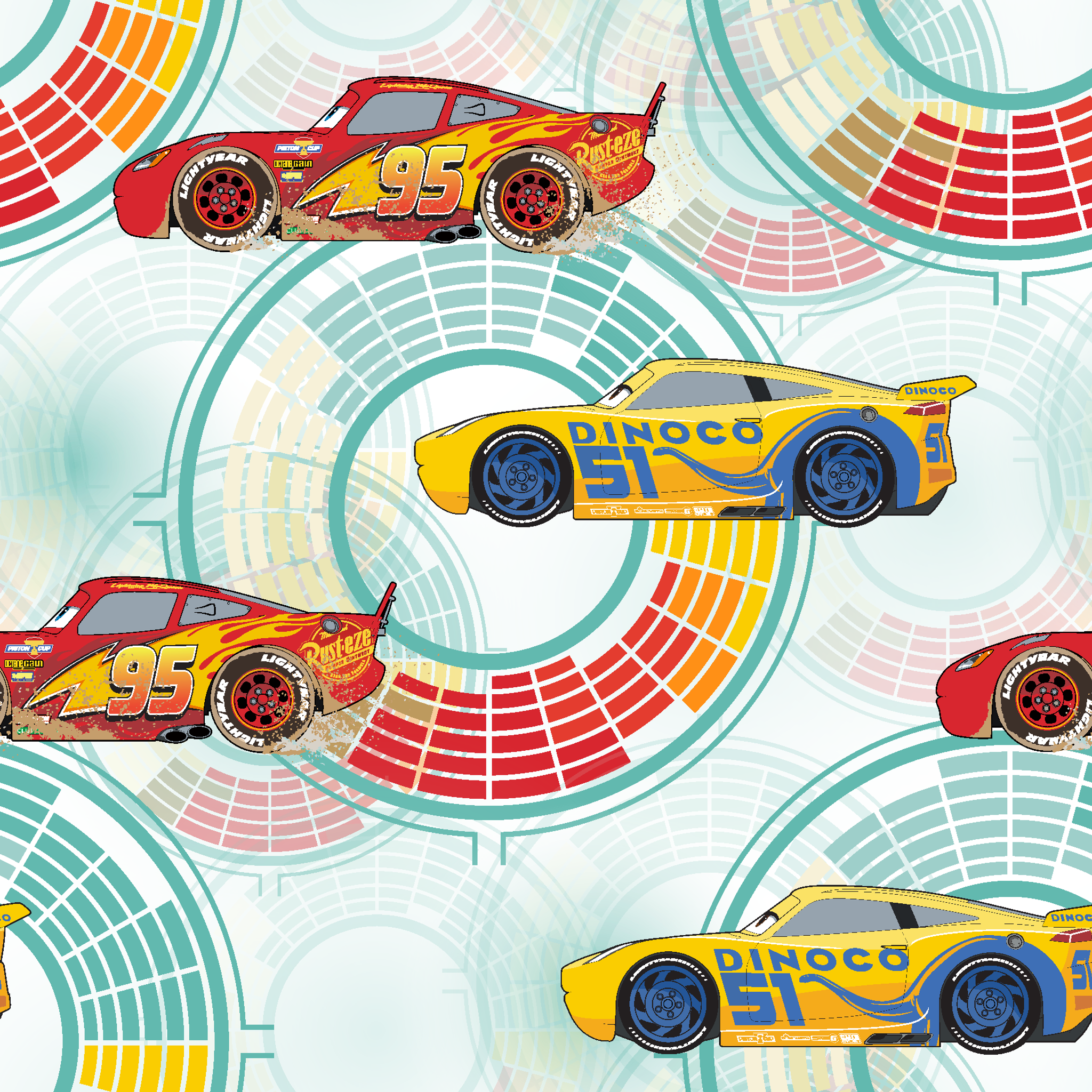 Colorful Disney Pixar Cars racing in red and yellow on a light blue background with circular patterns tiled preview square