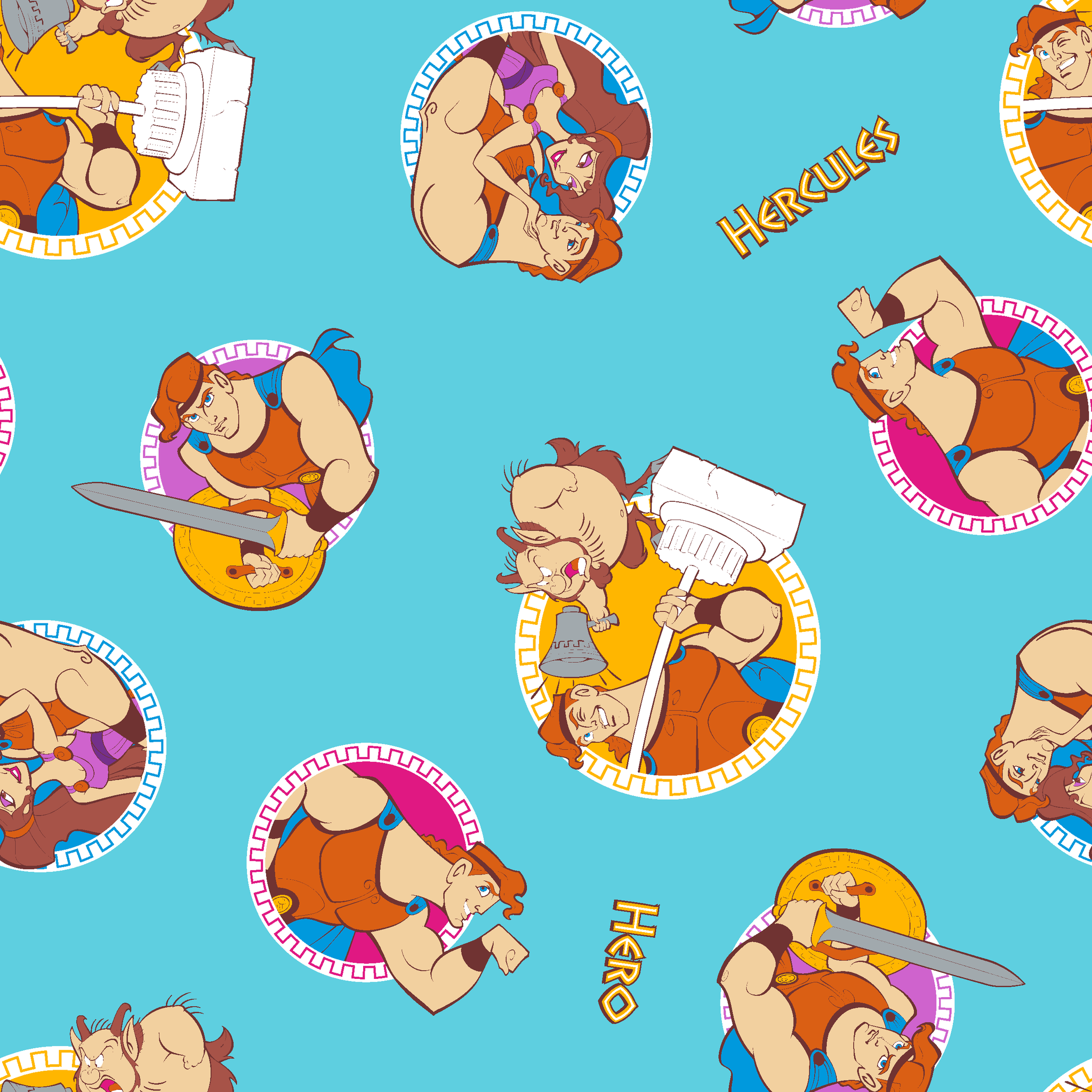 Cartoon characters from Hercules arranged in circular patterns on light blue background tiled preview square