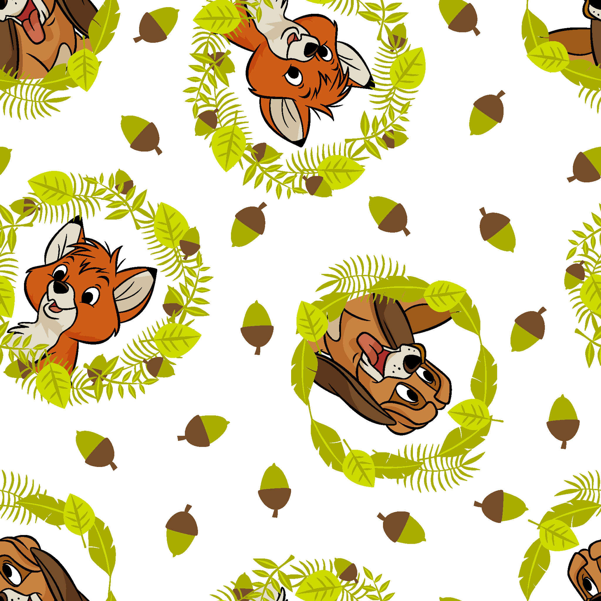 Fox and the Hound characters in green leafy wreaths with scattered acorns on white background tiled preview square