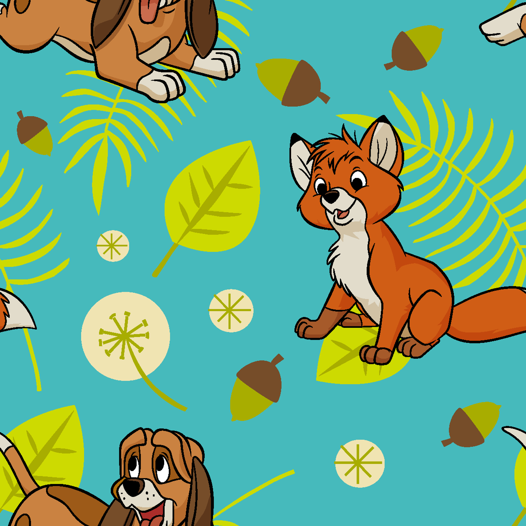 The Fox and the Hound characters on turquoise background with yellow leaves and acorns tiled preview square