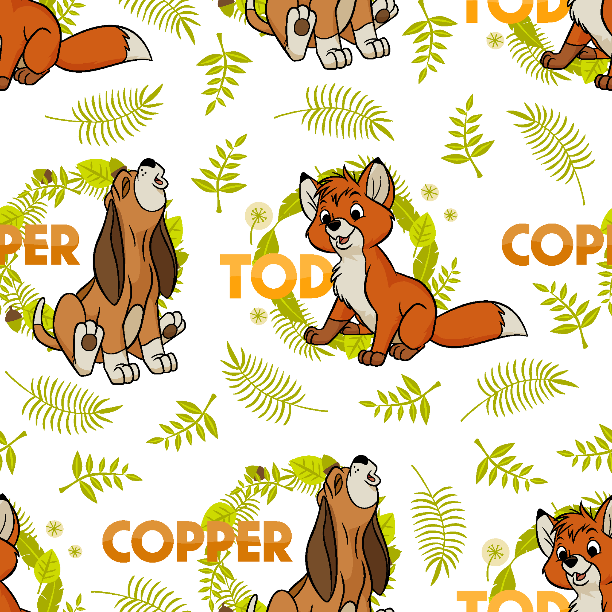 Fox and the Hound pattern with name "COPPER" and green fern background design tiled preview square