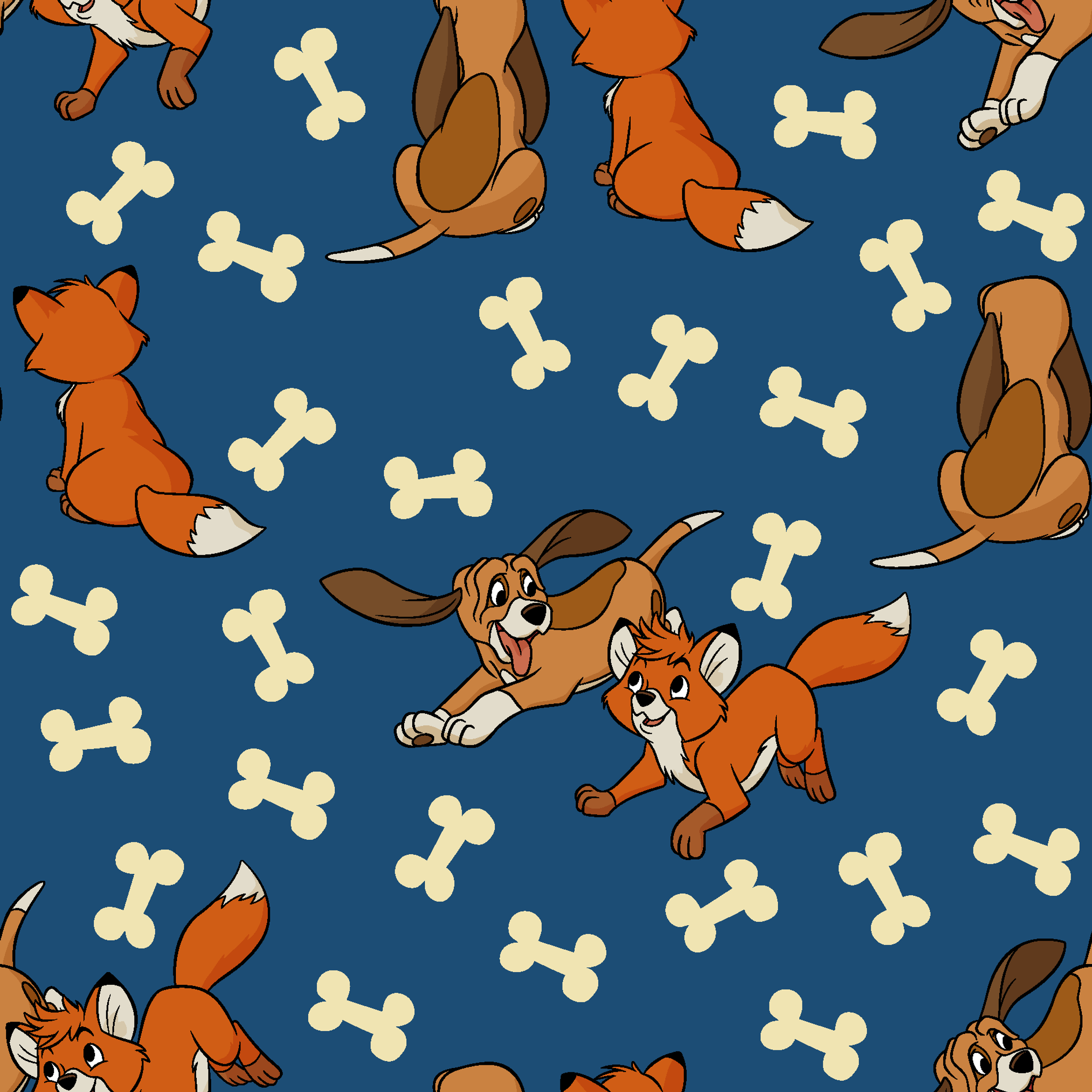 Fox and the Hound characters playing against blue background with scattered bone pattern tiled preview square