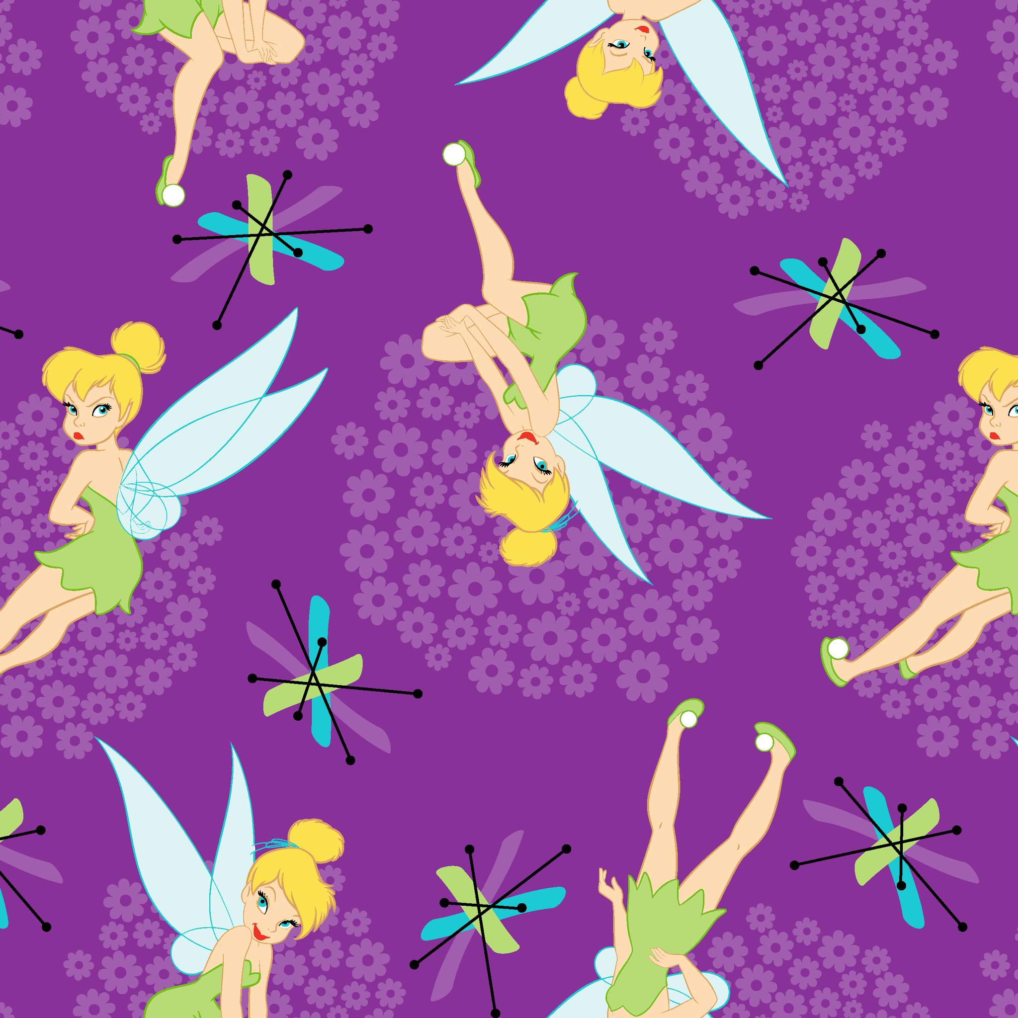 Repeating Tinker Bell pattern in green dresses on purple background tiled preview square