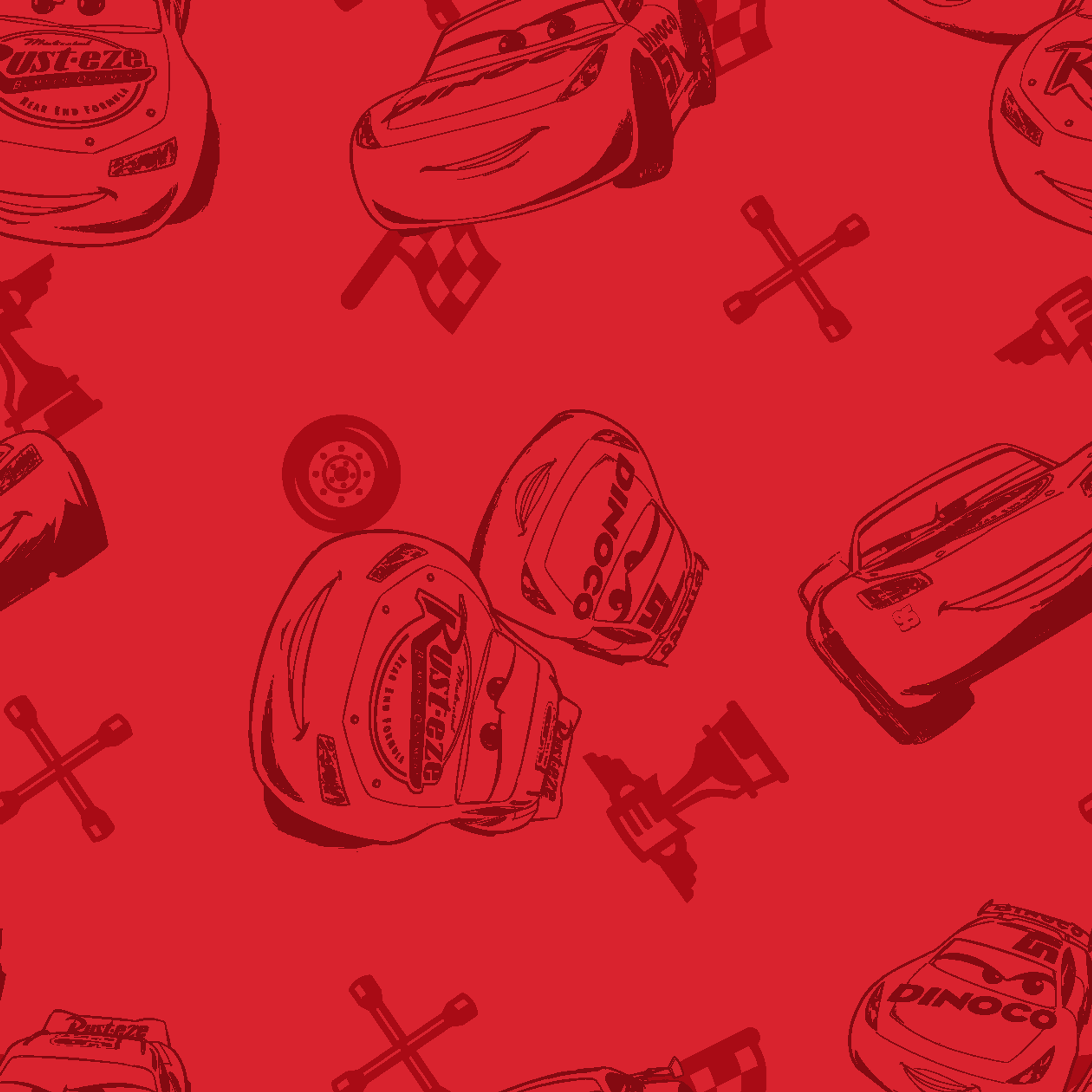 Red background with hand-drawn cartoon cars, tires, and tools in a repeating pattern tiled preview square