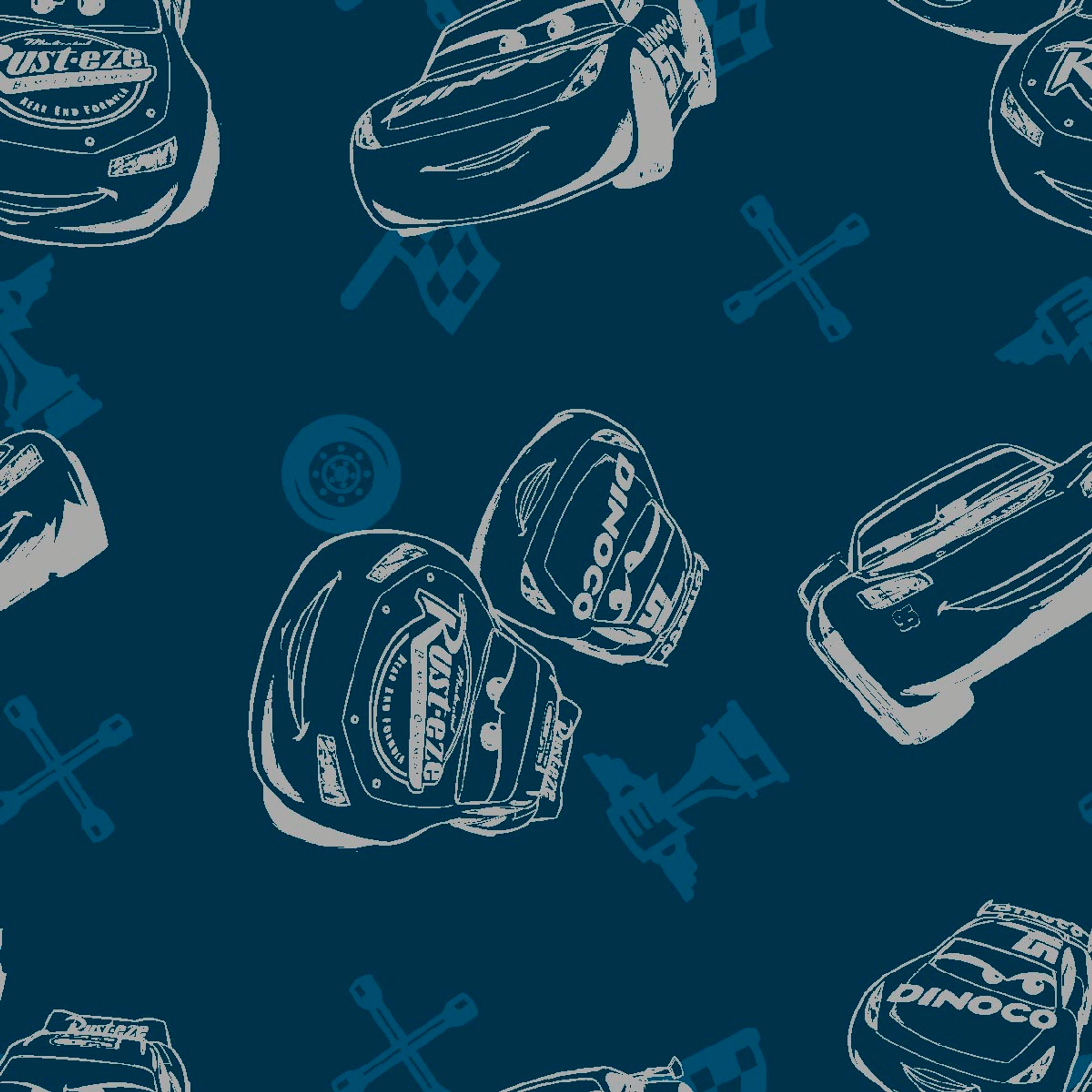 Race cars pattern on dark blue background with sketched vehicles and tire marks tiled preview square