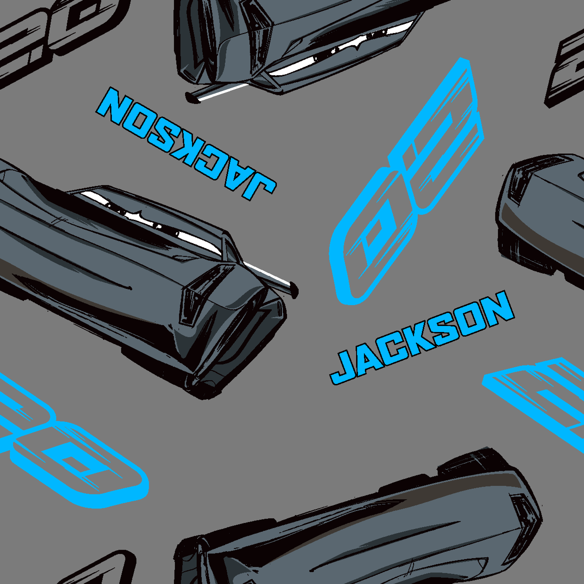 Dark gray background with scattered black car parts and blue "JACKSON" text and stylized logos in a repeating pattern tiled preview square