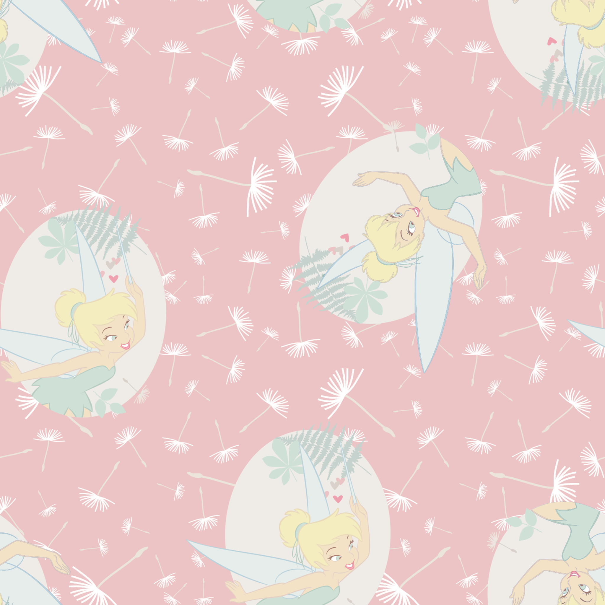 Pink background with dandelion seed pattern featuring Tinker Bell in mint green circles, whimsical Disney design tiled preview square