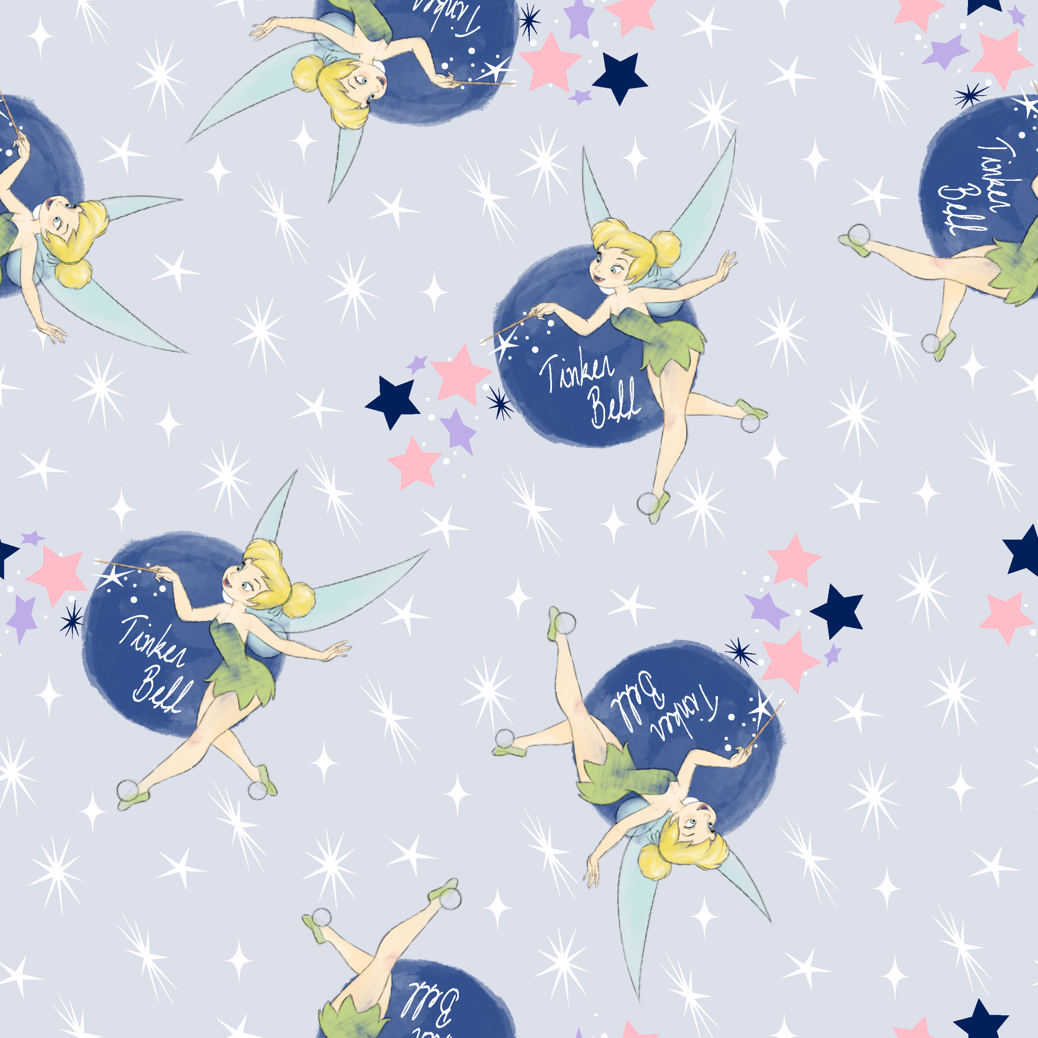 Tinker Bell pattern with the iconic fairy flying around blue moons and stars on a light gray background tiled preview square