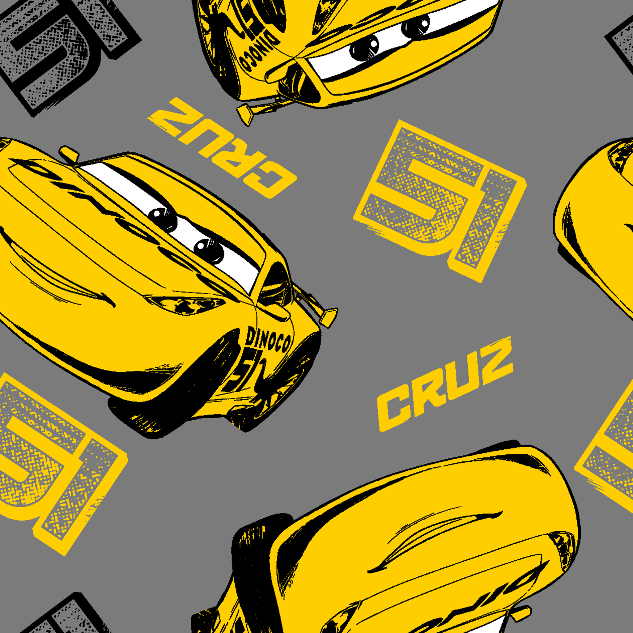 Yellow cartoon race cars with Cruz name on gray background, Cars movie pattern tiled preview square