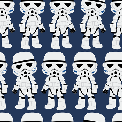 Repeated pattern of cartoon Stormtrooper characters in white armor against dark blue background tiled preview square