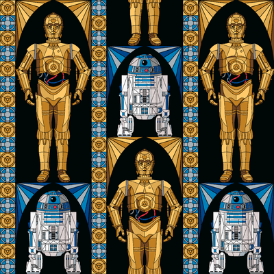 Repeating pattern of golden droid and blue-white astromech droid characters from Star Wars on black background with decorative borders tiled preview square