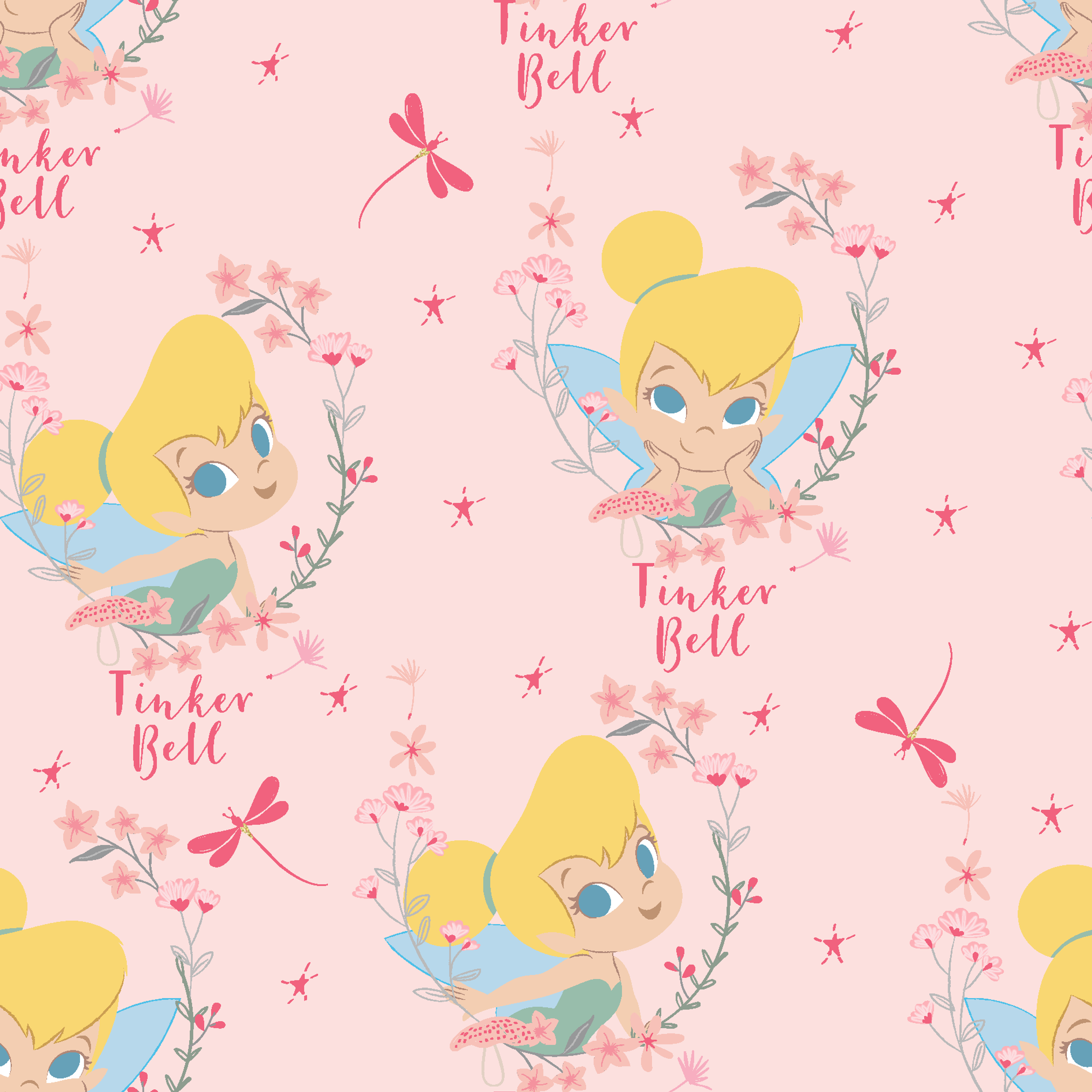Pink background with Tinker Bell surrounded by flowers, stars, and dragonflies tiled preview square