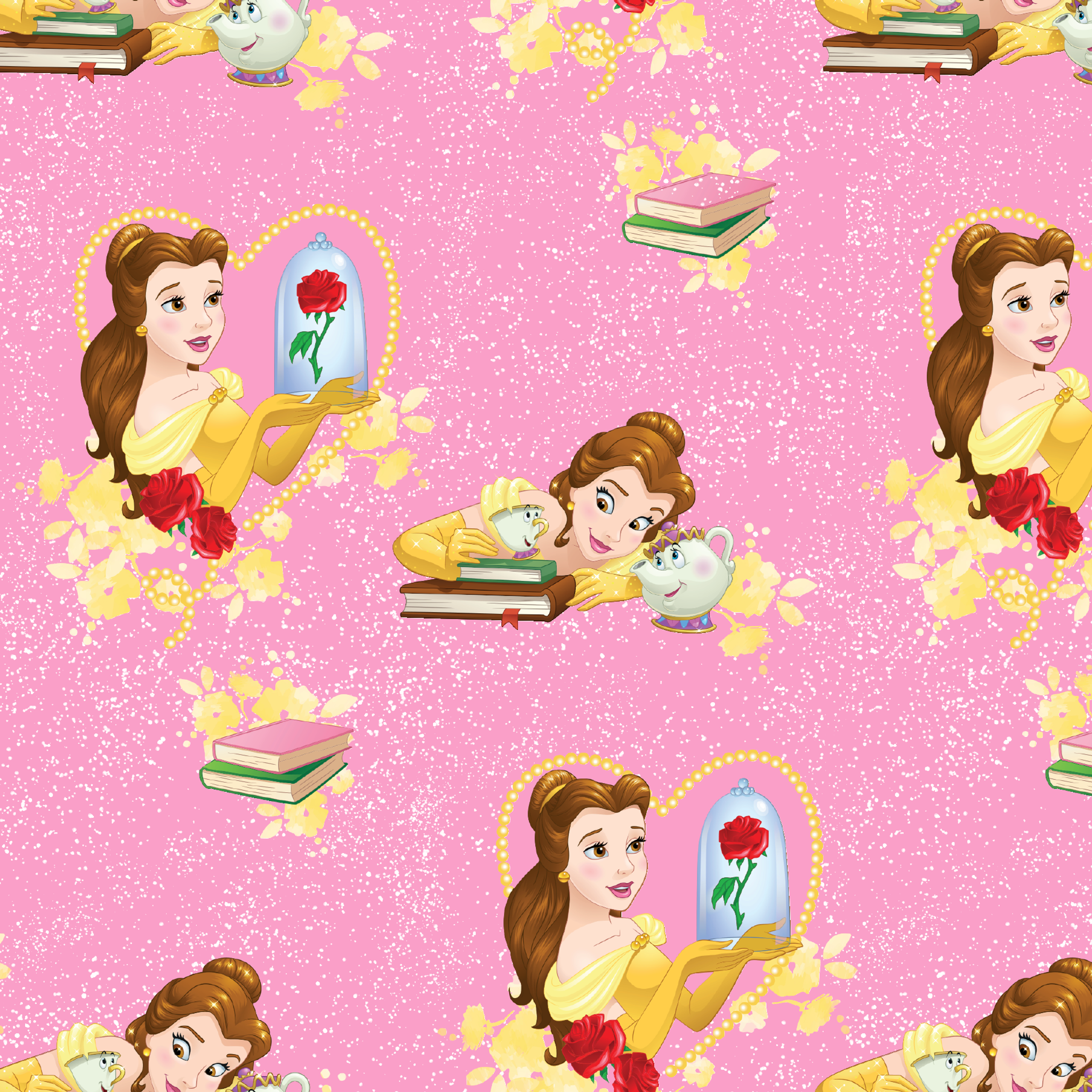 Repeating pattern of Disney's Belle character with enchanted rose and books on pink sparkly background tiled preview square