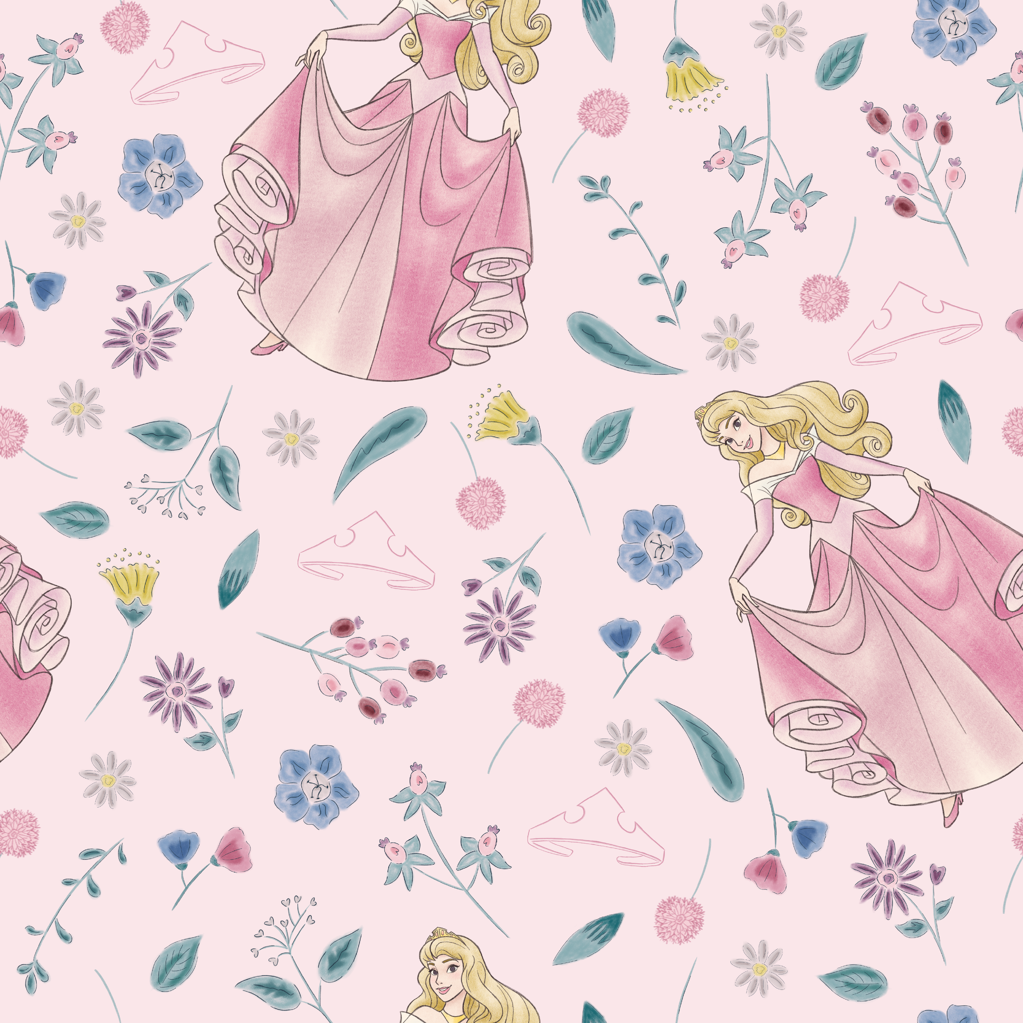 Disney's Sleeping Beauty surrounded by scattered flowers and leaves on light pink background tiled preview square