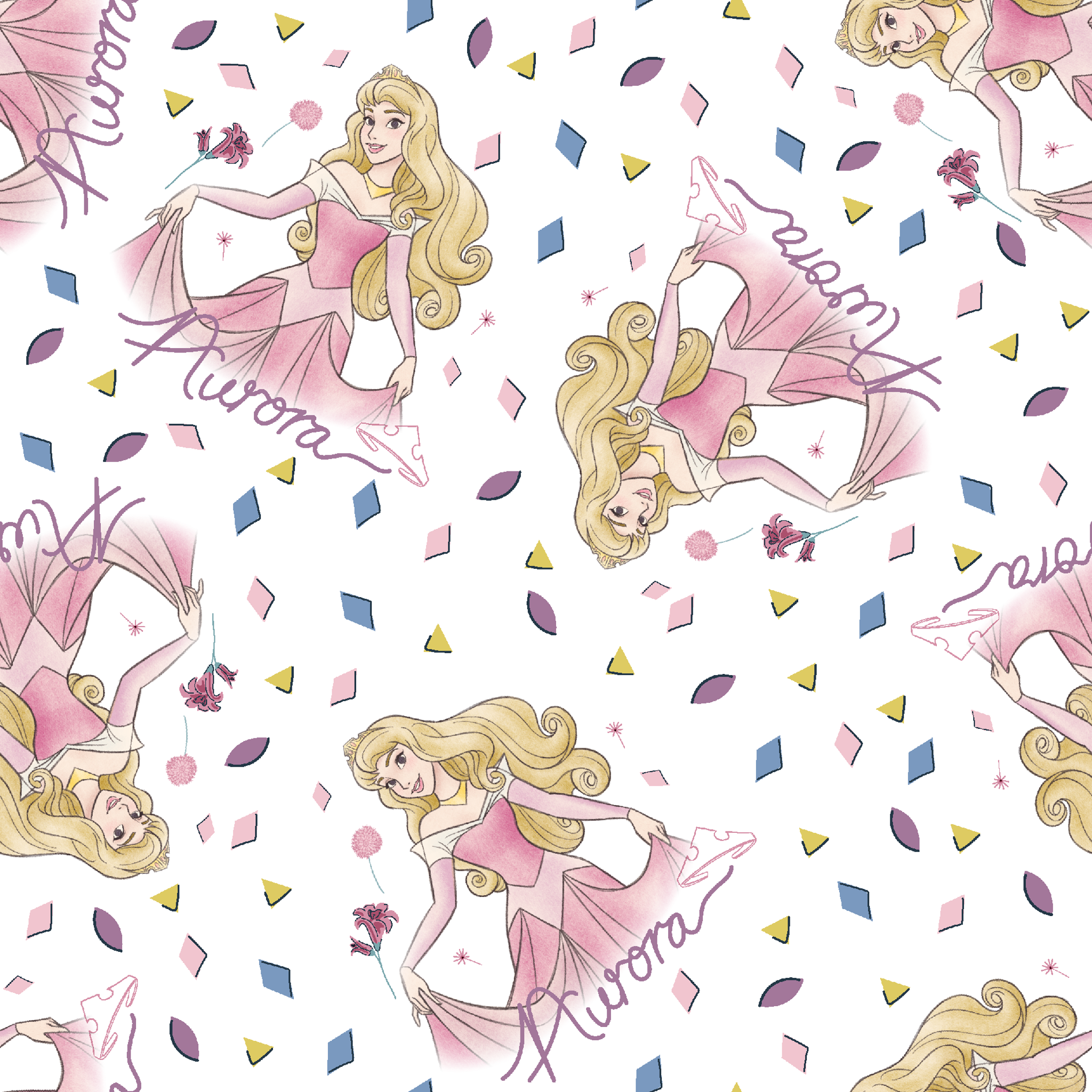 Pattern of Sleeping Beauty, surrounded by colorful diamond shapes on white background tiled preview square