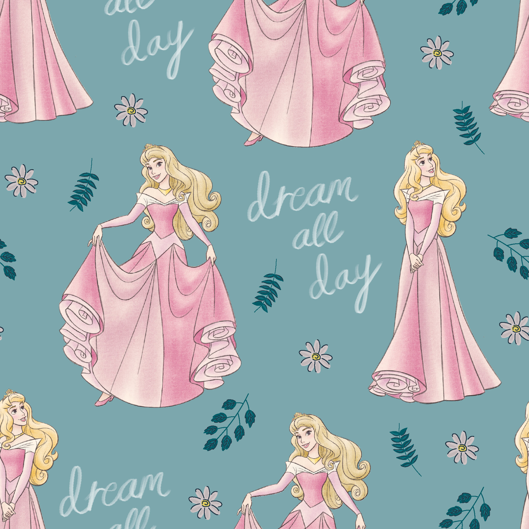 Sleeping Beauty pattern with "dream all day" text on teal background with floral elements tiled preview square