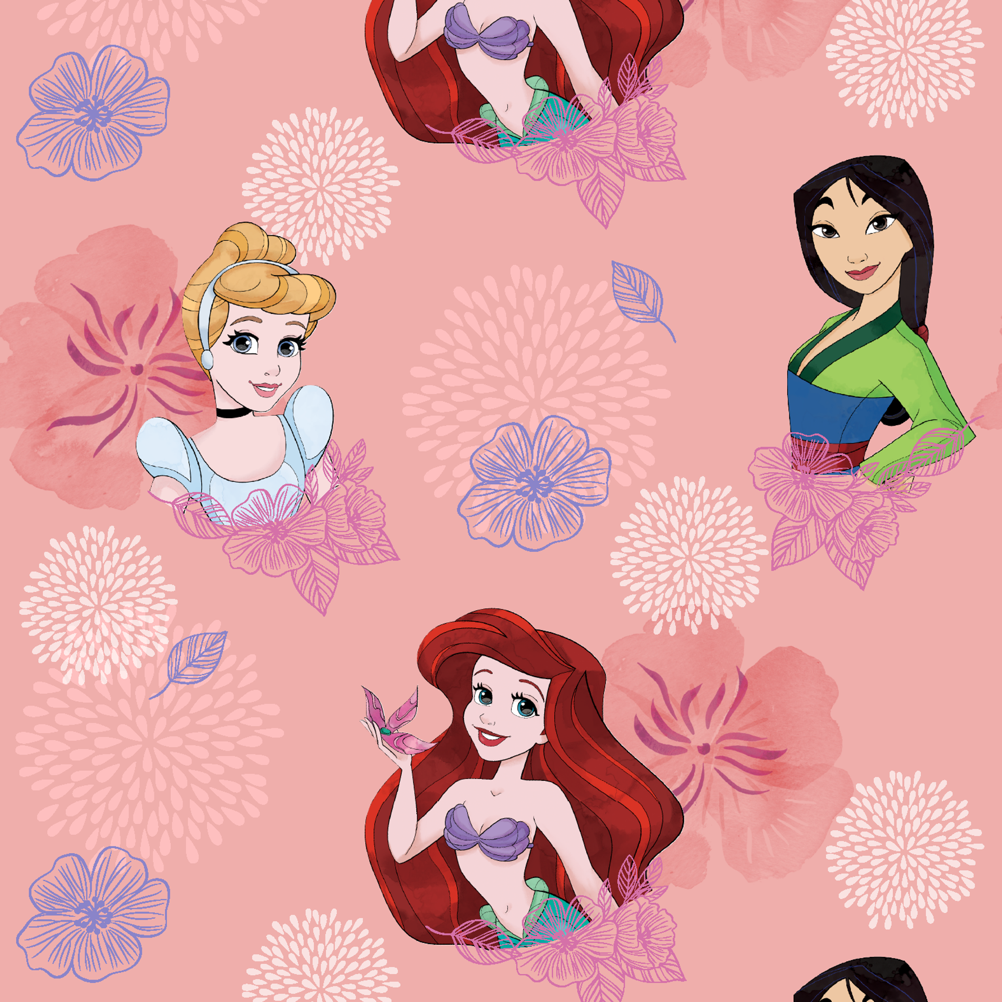 Disney princess characters on pink floral background with delicate flower patterns tiled preview square