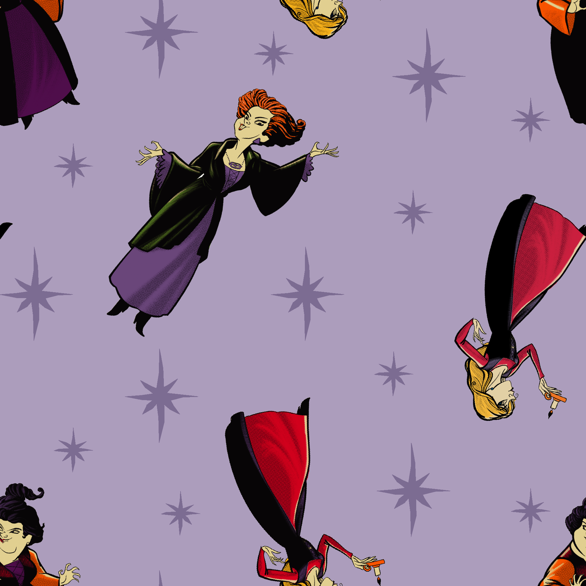 Purple background with cartoon characters in flowing capes and dresses with stars pattern, repeating decorative design tiled preview square