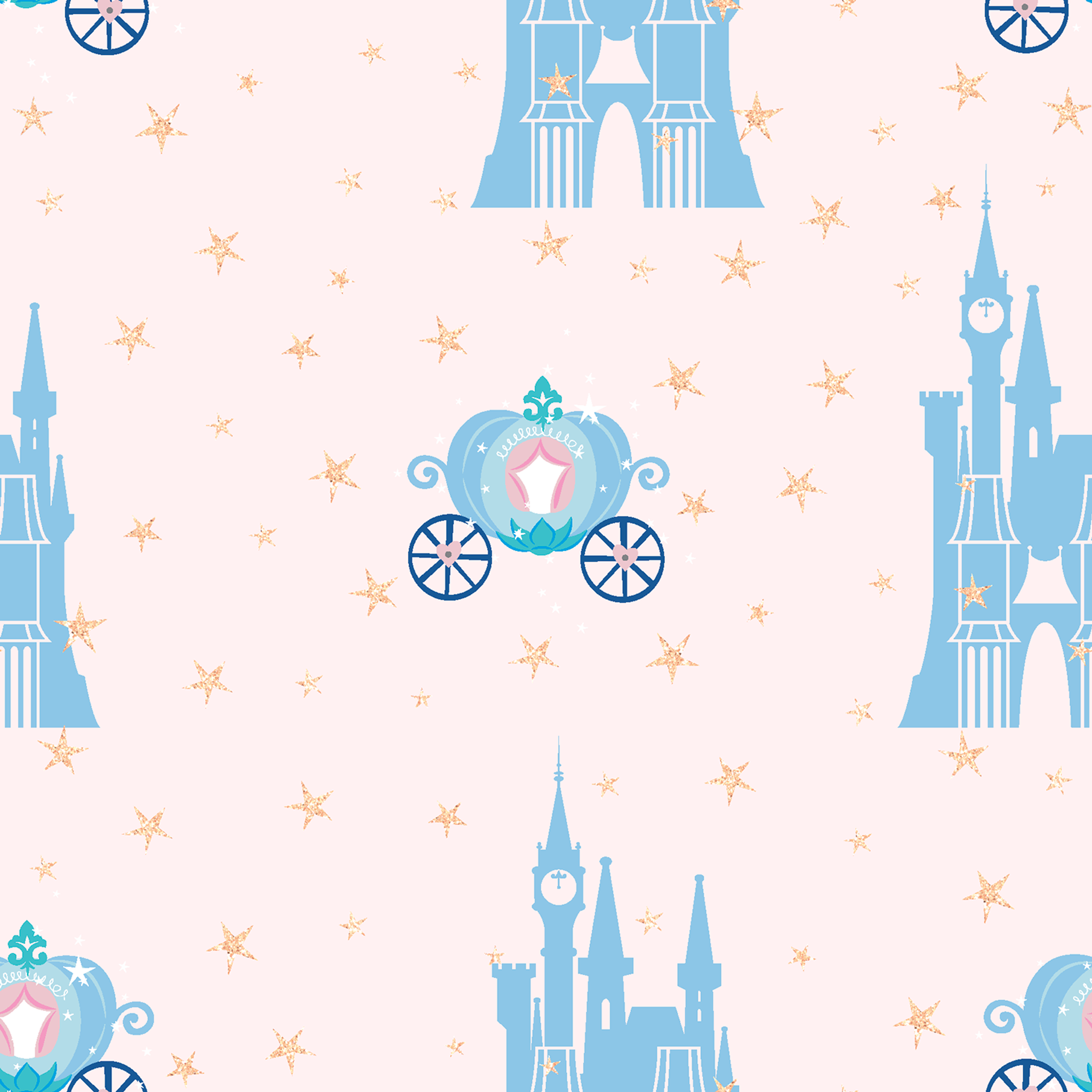 Cinderella pattern with blue castles, carriages, and gold stars on pale pink background tiled preview square