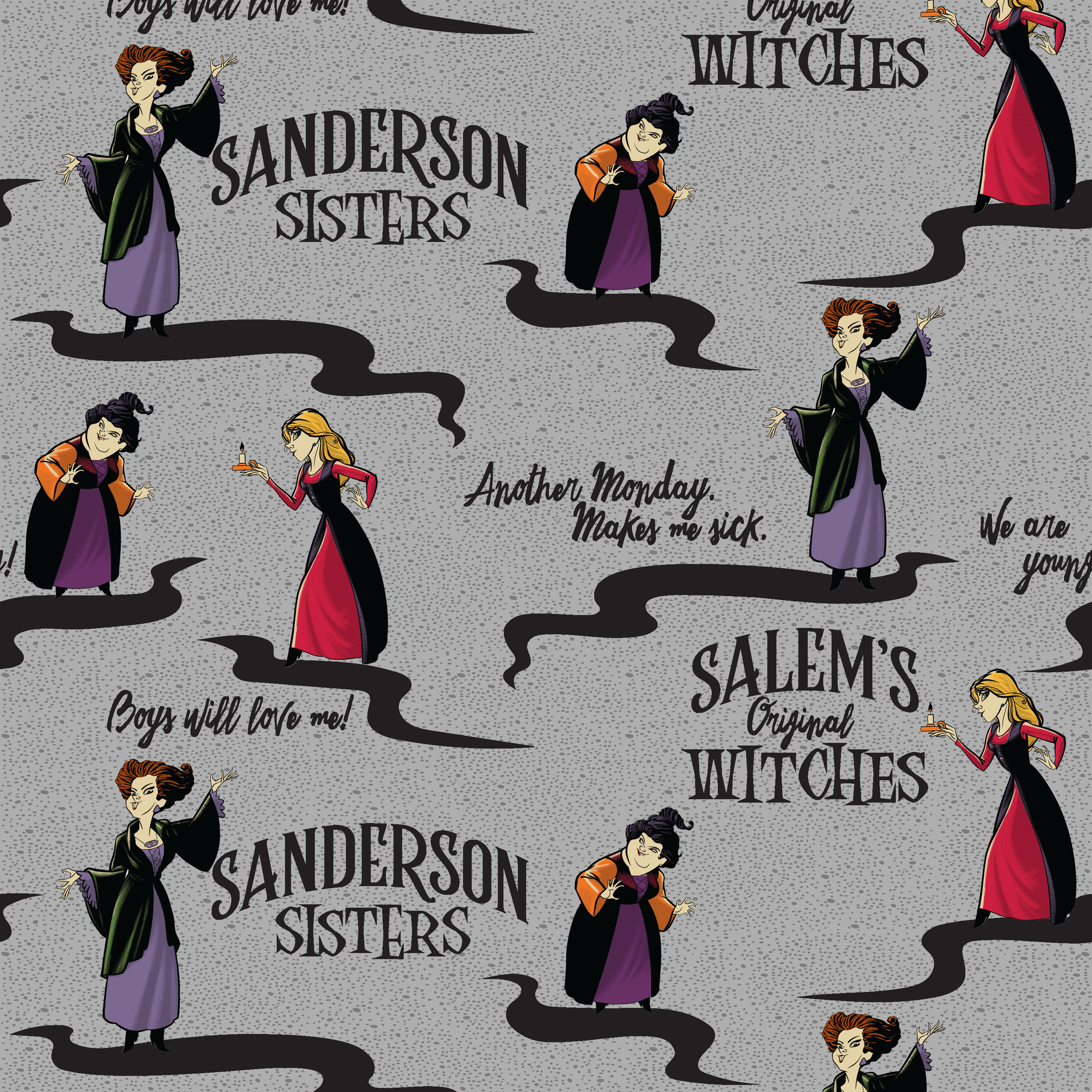 Sanderson Sisters pattern from Hocus Pocus with cartoon witches in purple and red dresses on gray background tiled preview square