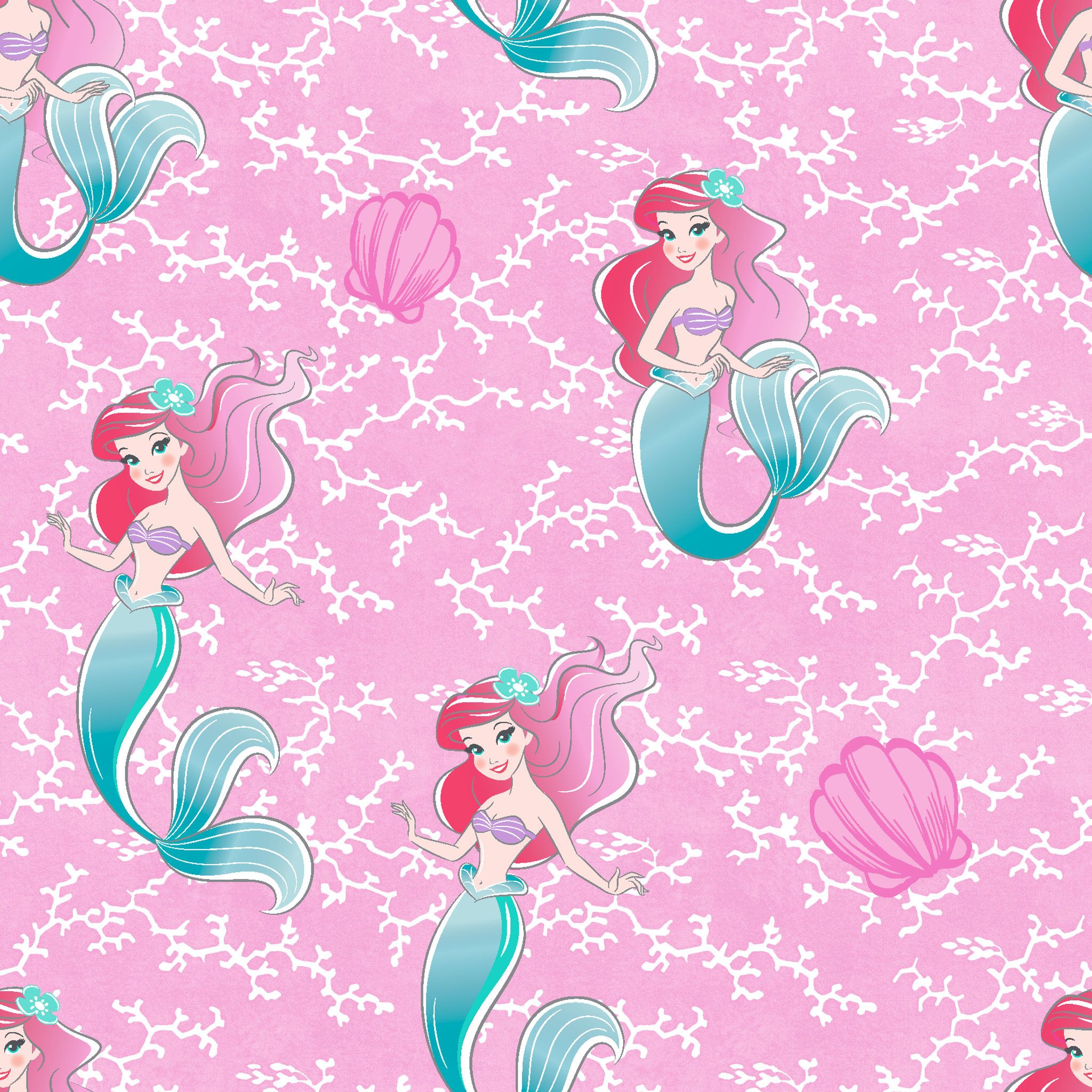 The Little Mermaid pattern with Ariel and purple seashells on pink background with white bubbles tiled preview square
