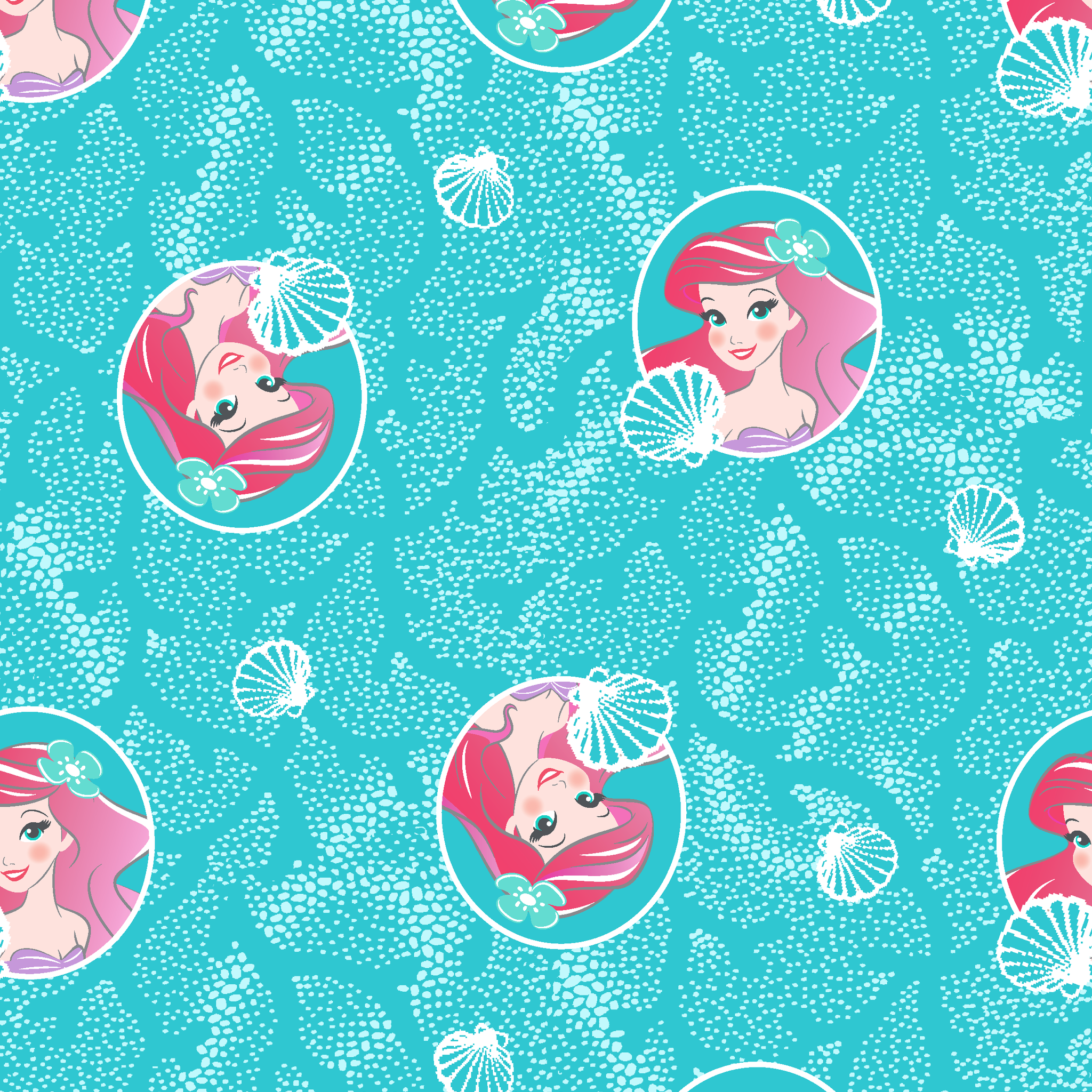 The Little Mermaid pattern with Ariel in turquoise circles on aqua background with seashells tiled preview square