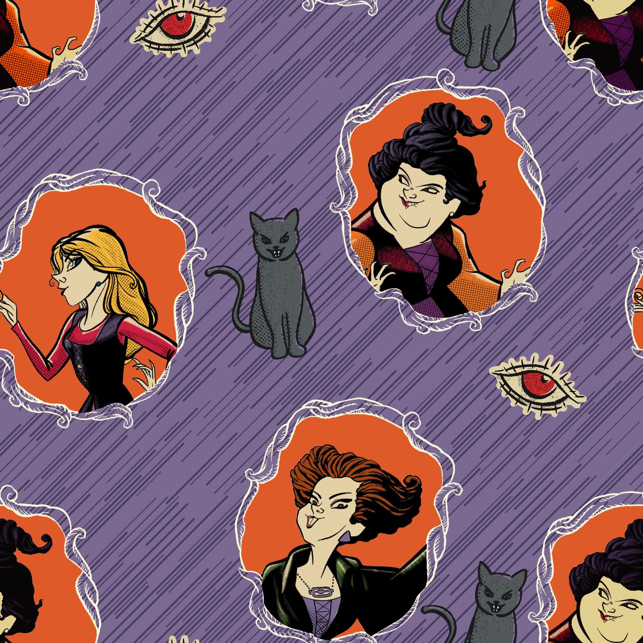 Purple background pattern with illustrated cartoon characters, black cats, and eye symbols in orange circular frames tiled preview square