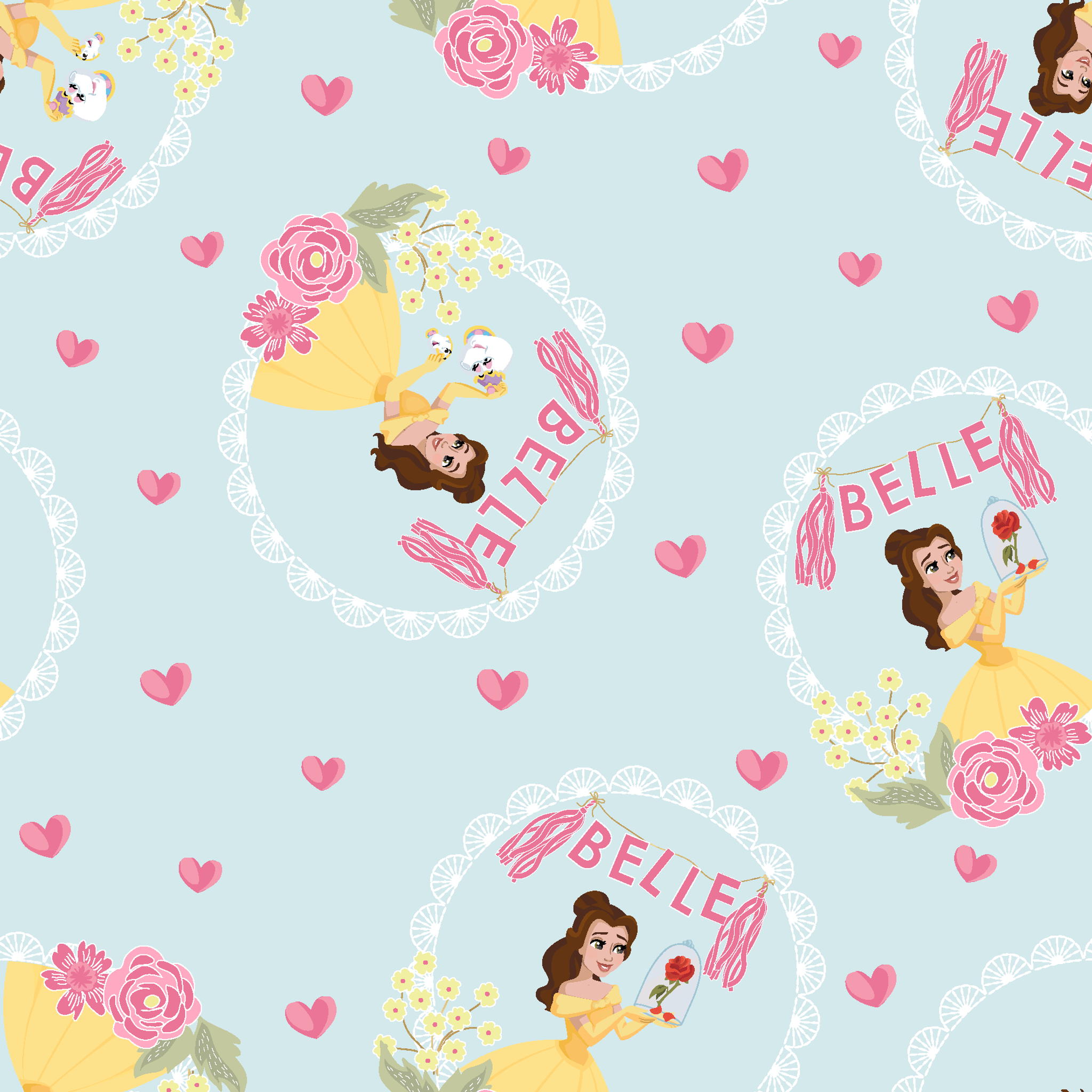 Princess Belle pattern with yellow dress, "Belle" text, hearts, and flowers on light blue background tiled preview square